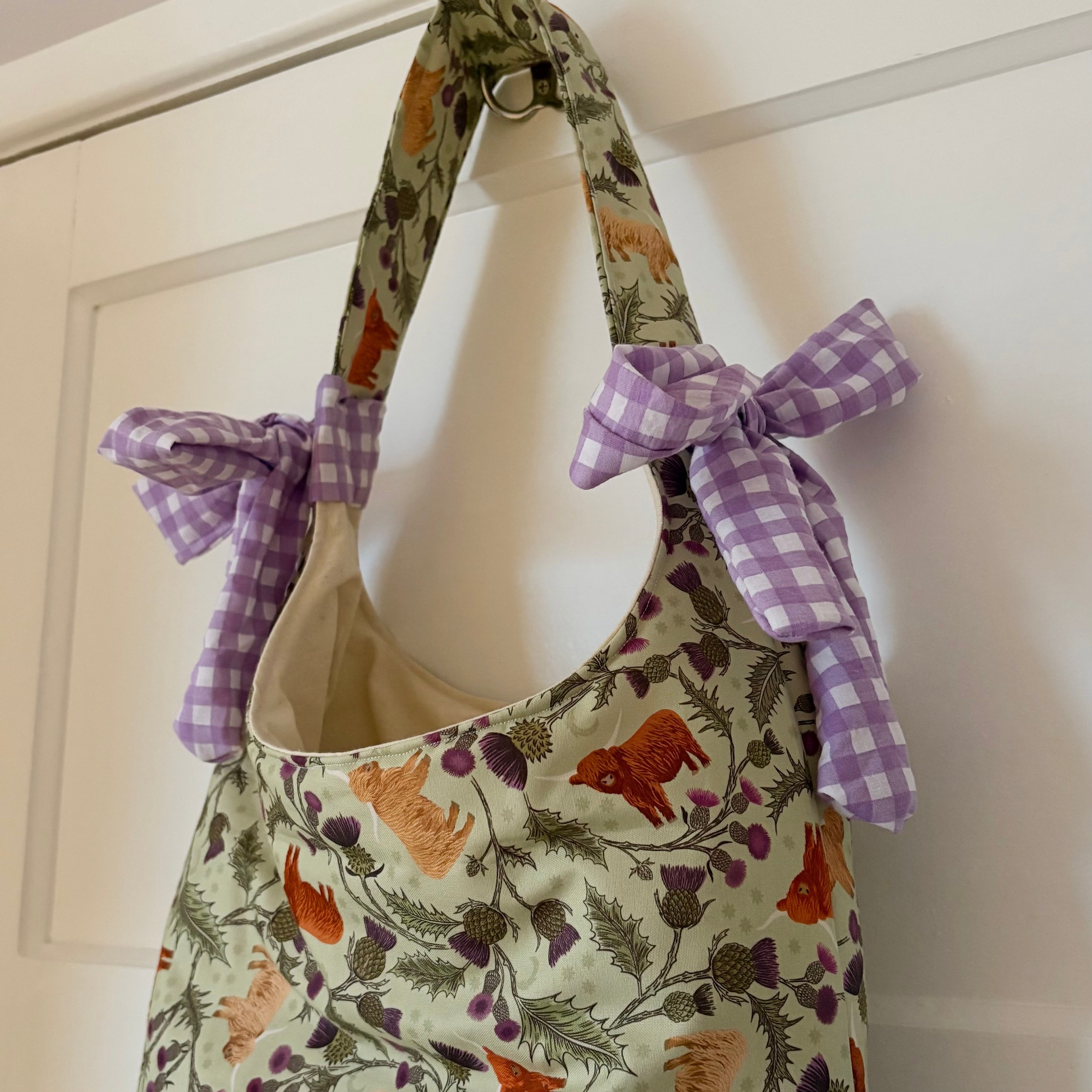 Handmade Scottish highland cow bow padded tote bag