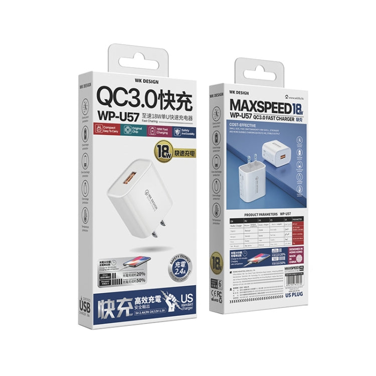 WK WP-U57 18W Speed QC3.0 Fast Charger + USB to Type-C / USB-C Data Cable, US Plug