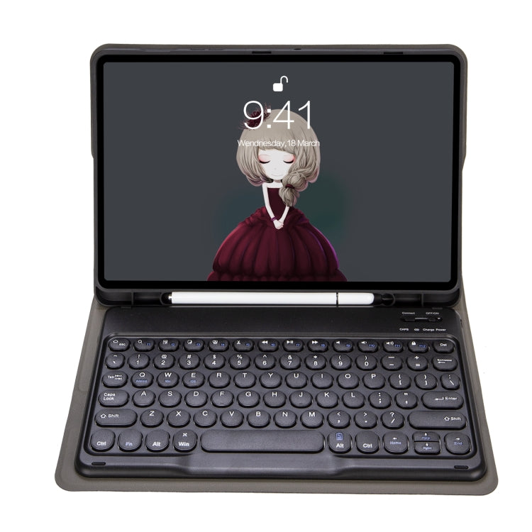 YA11B 2021 Detachable Lambskin Texture Round Keycap Bluetooth Keyboard Leather Case with Pen Slot & Stand, For iPad Pro 11 2021 / Air4 / Air5 / Pro 11