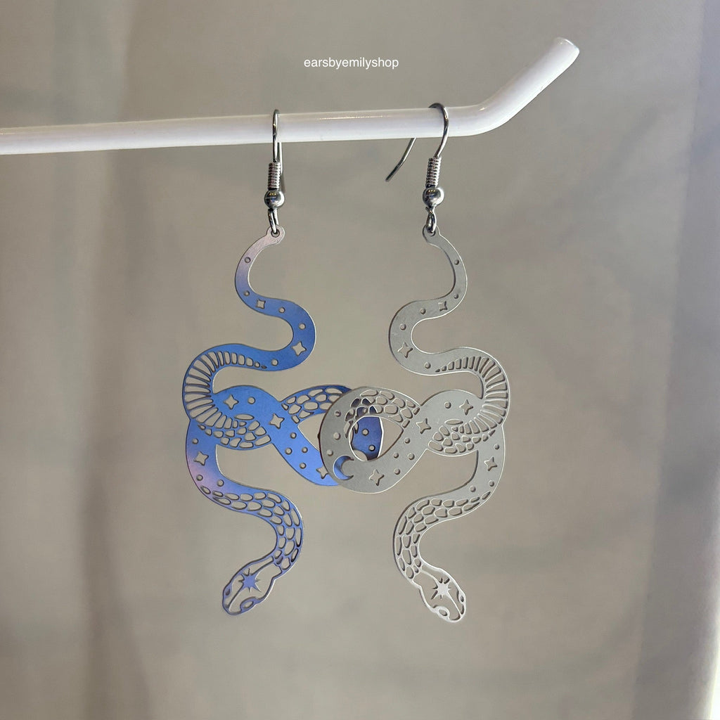 Cool quirky silver stainless steel statement celestial these moon star snake drop dangle earrings