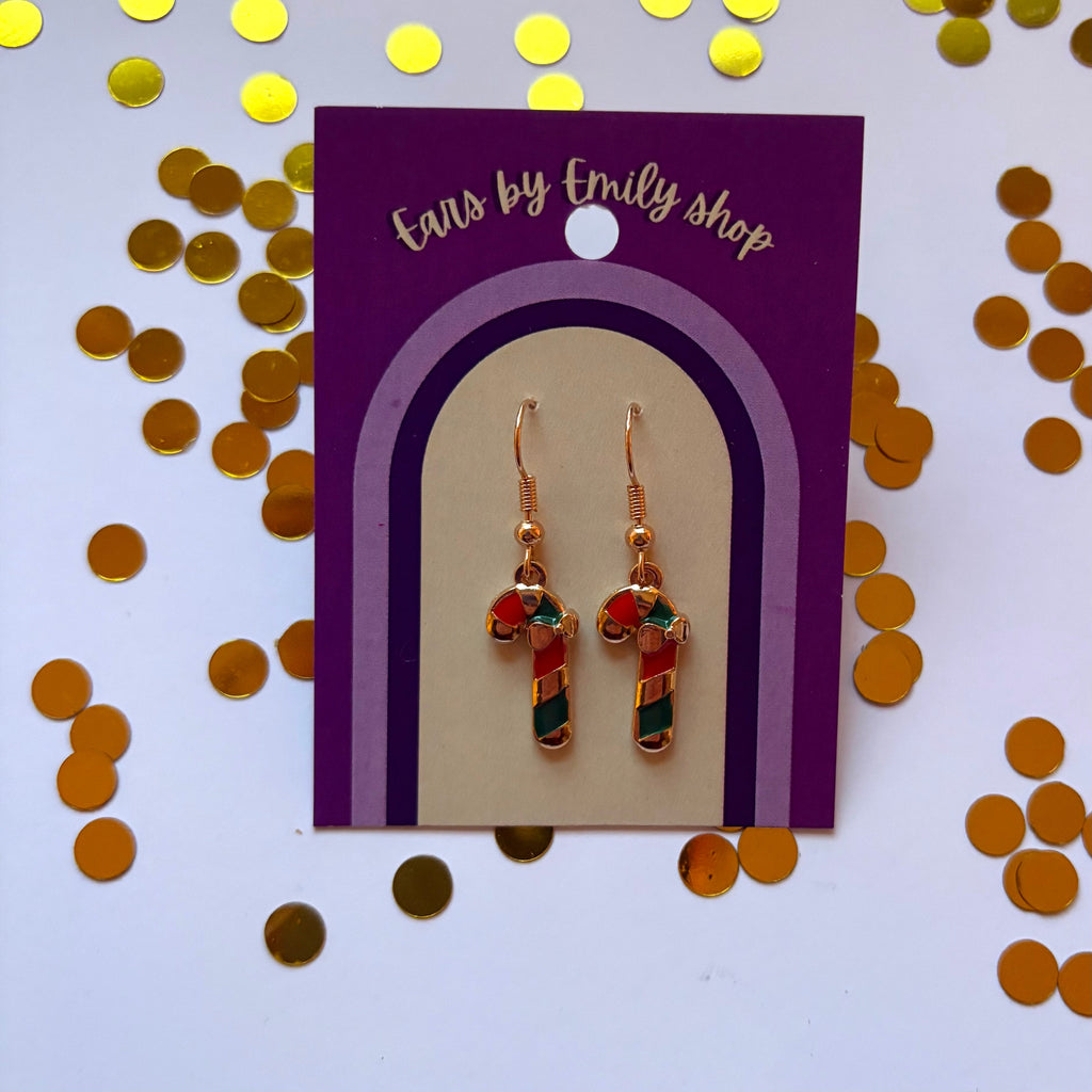 Green Christmas candy cane gold earrings