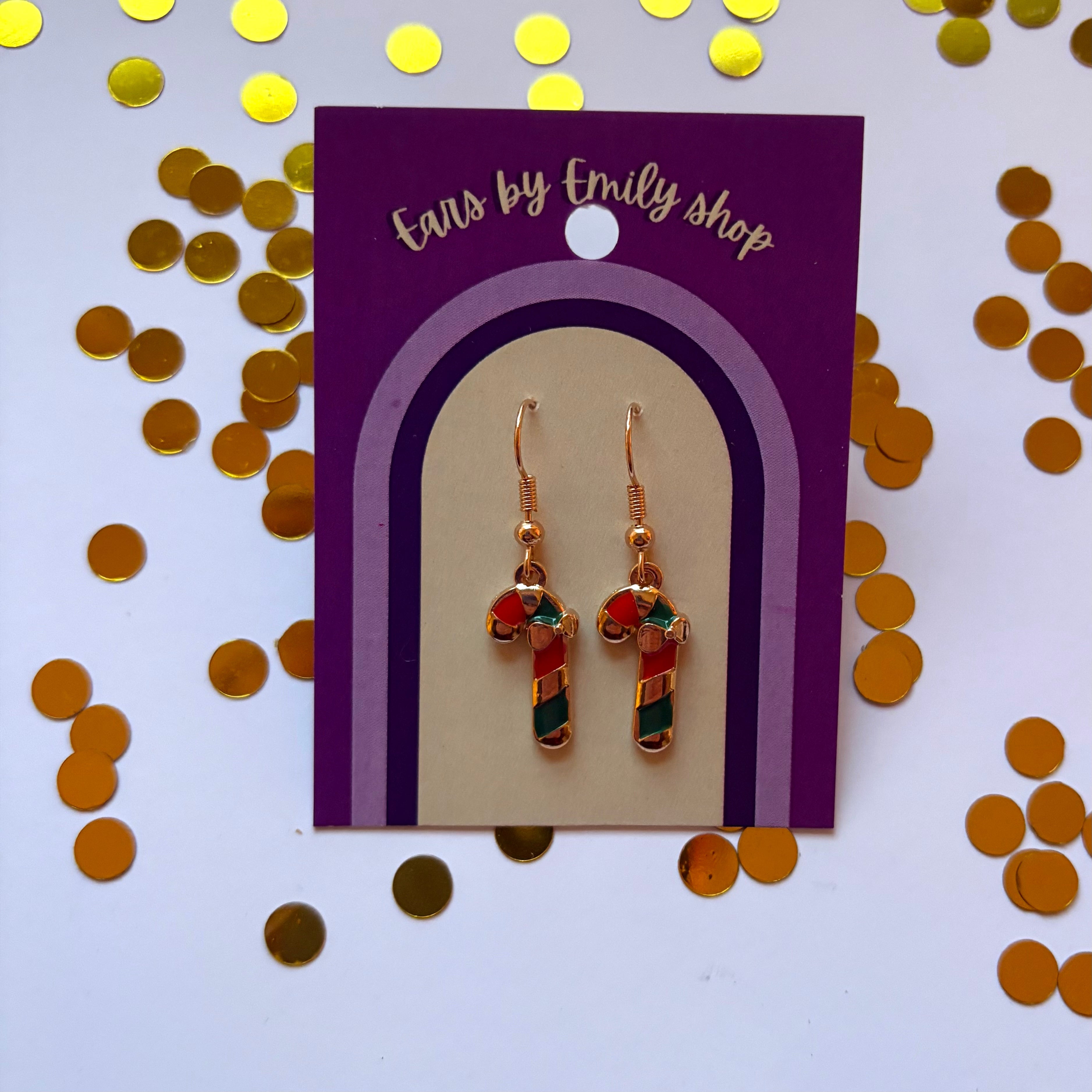 Green Christmas candy cane gold earrings