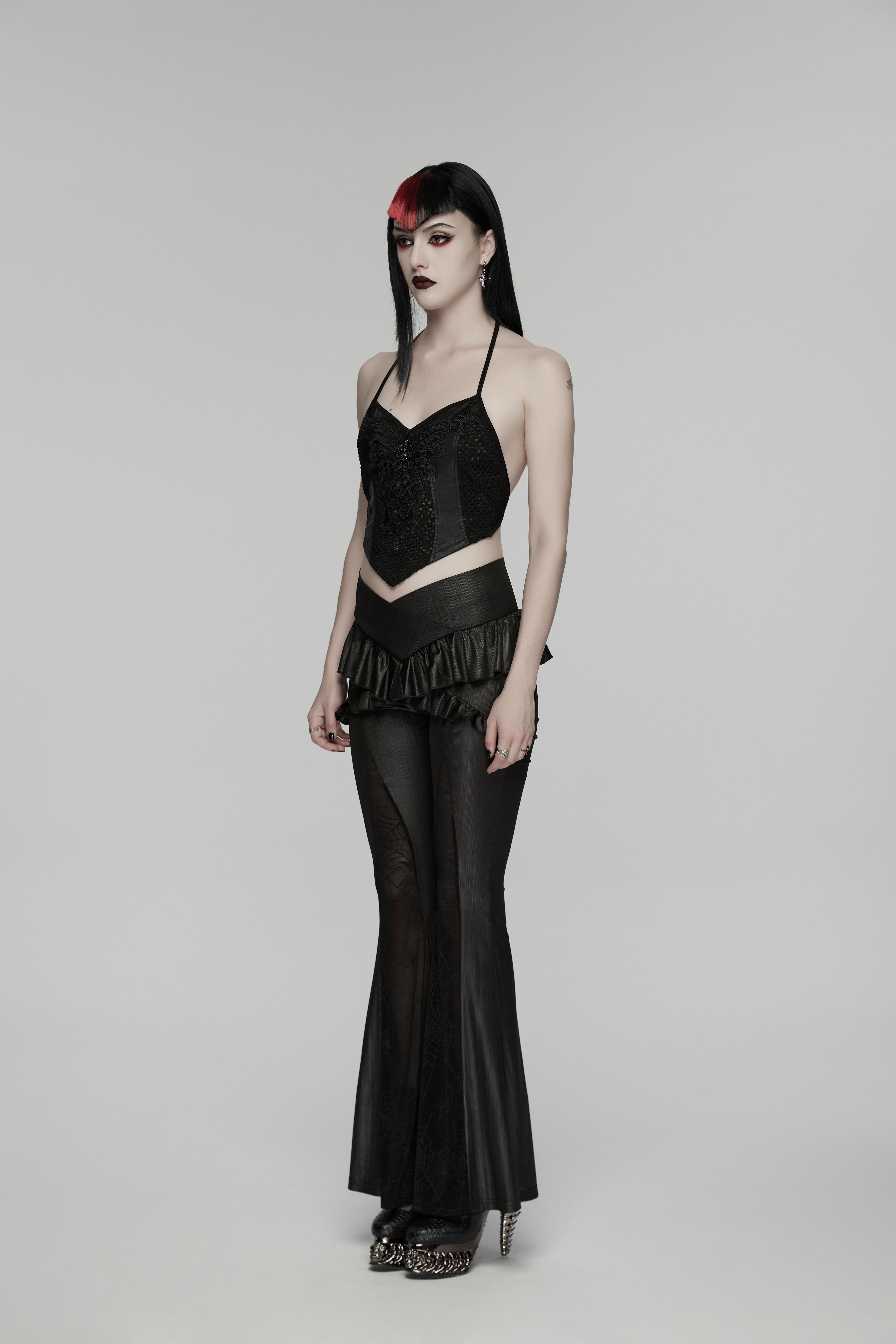 Punk Rave Goth Camisole Top with Feature Embroidery and Tie Back