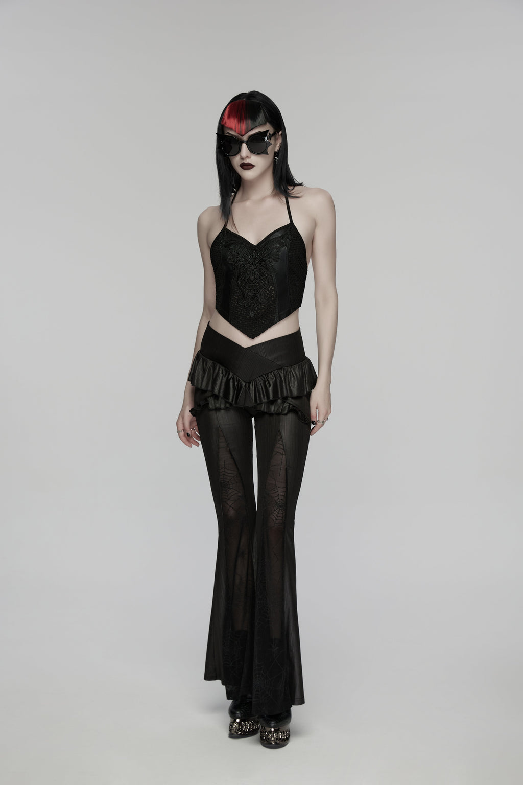 Punk Rave Goth Camisole Top with Feature Embroidery and Tie Back