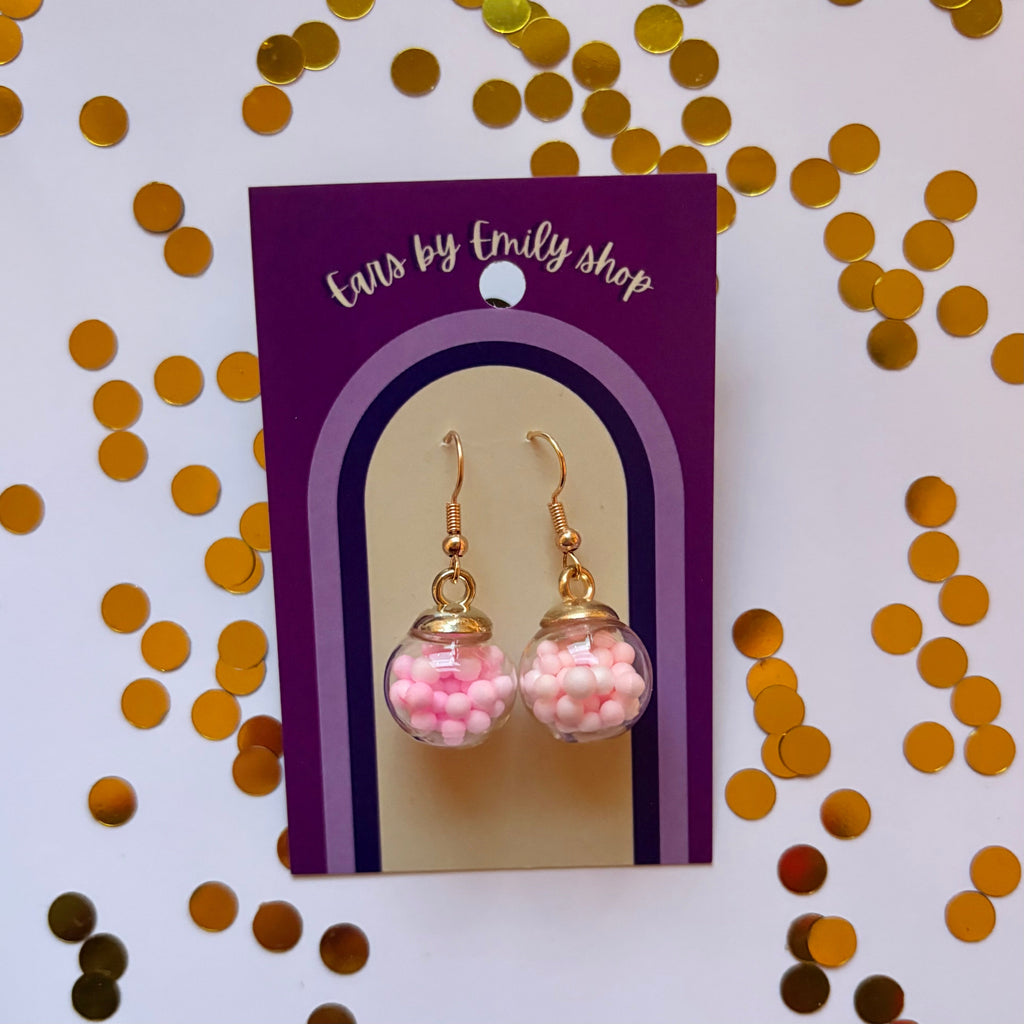 Pink ball bauble Christmas dangle earrings gold plated