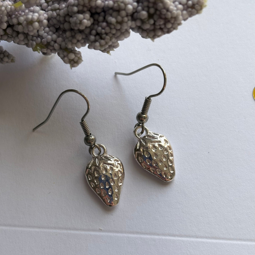 Silver plated strawberry earrings on hypoallergenic hooks