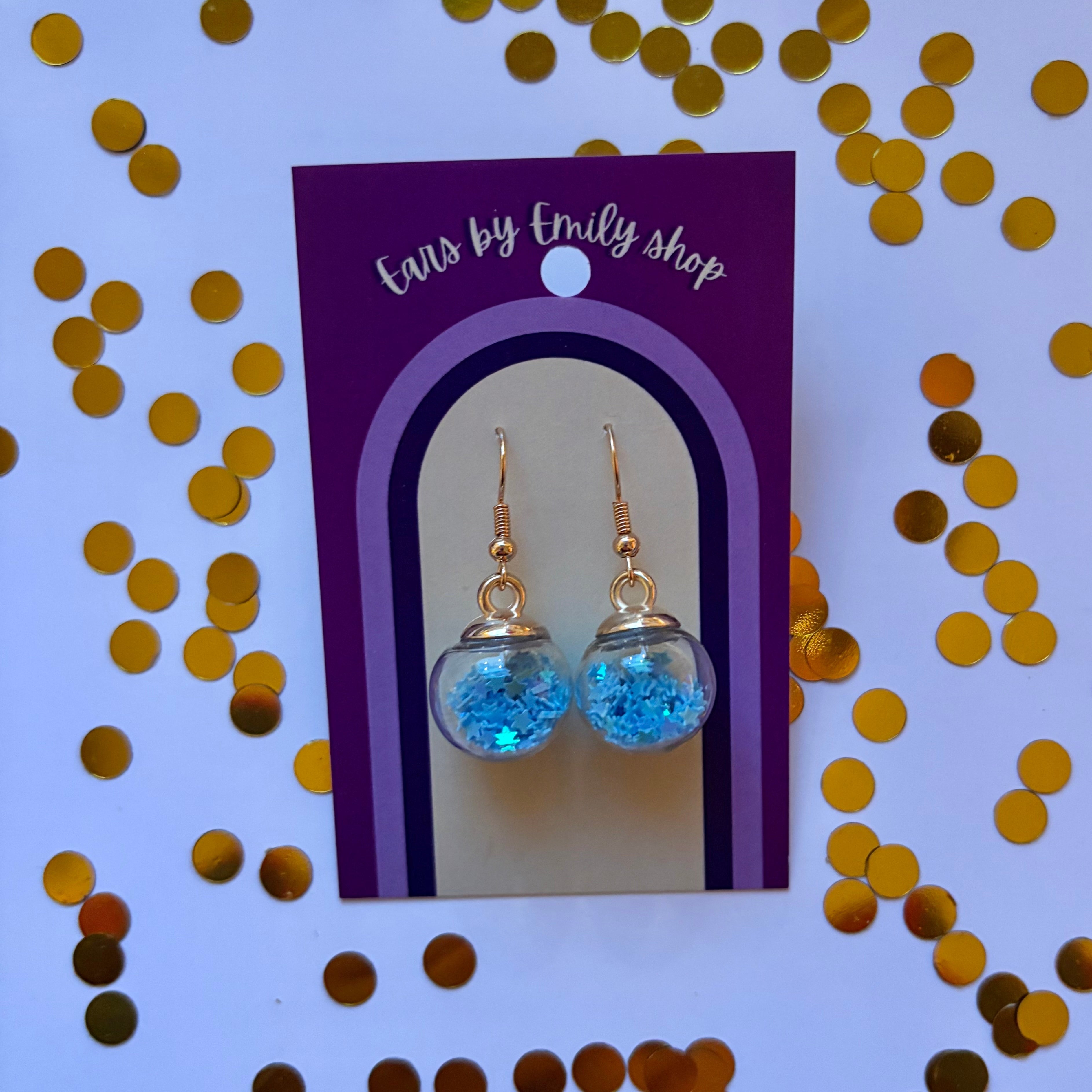 Light blue star sparkle bauble Christmas dangle earrings gold plated