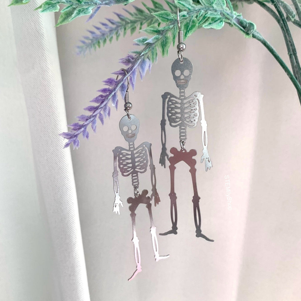 Stainless steel anatomy skeleton moving silver earrings