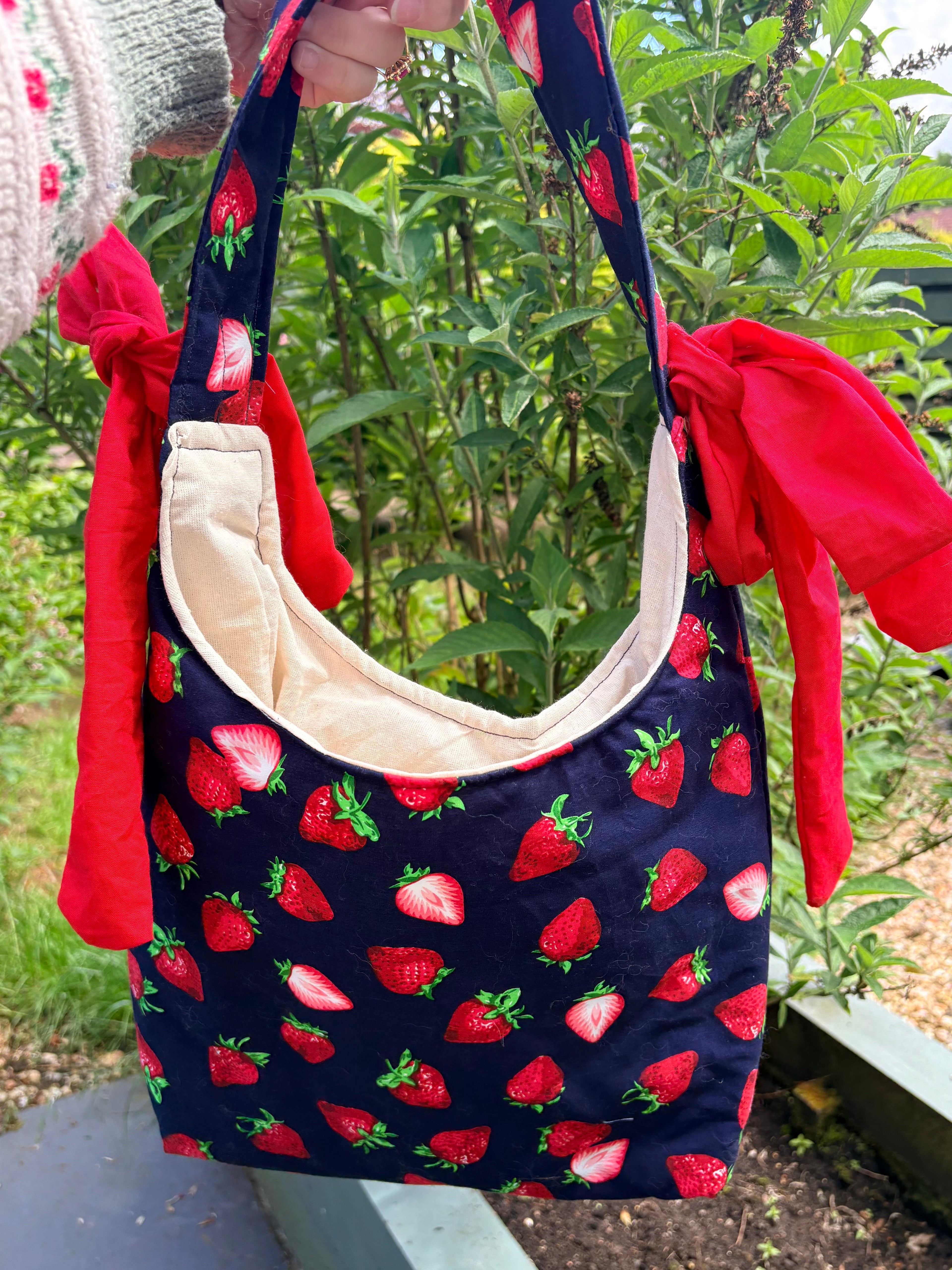 Handmade navy blue red strawberry coquette padded tote bag with bows