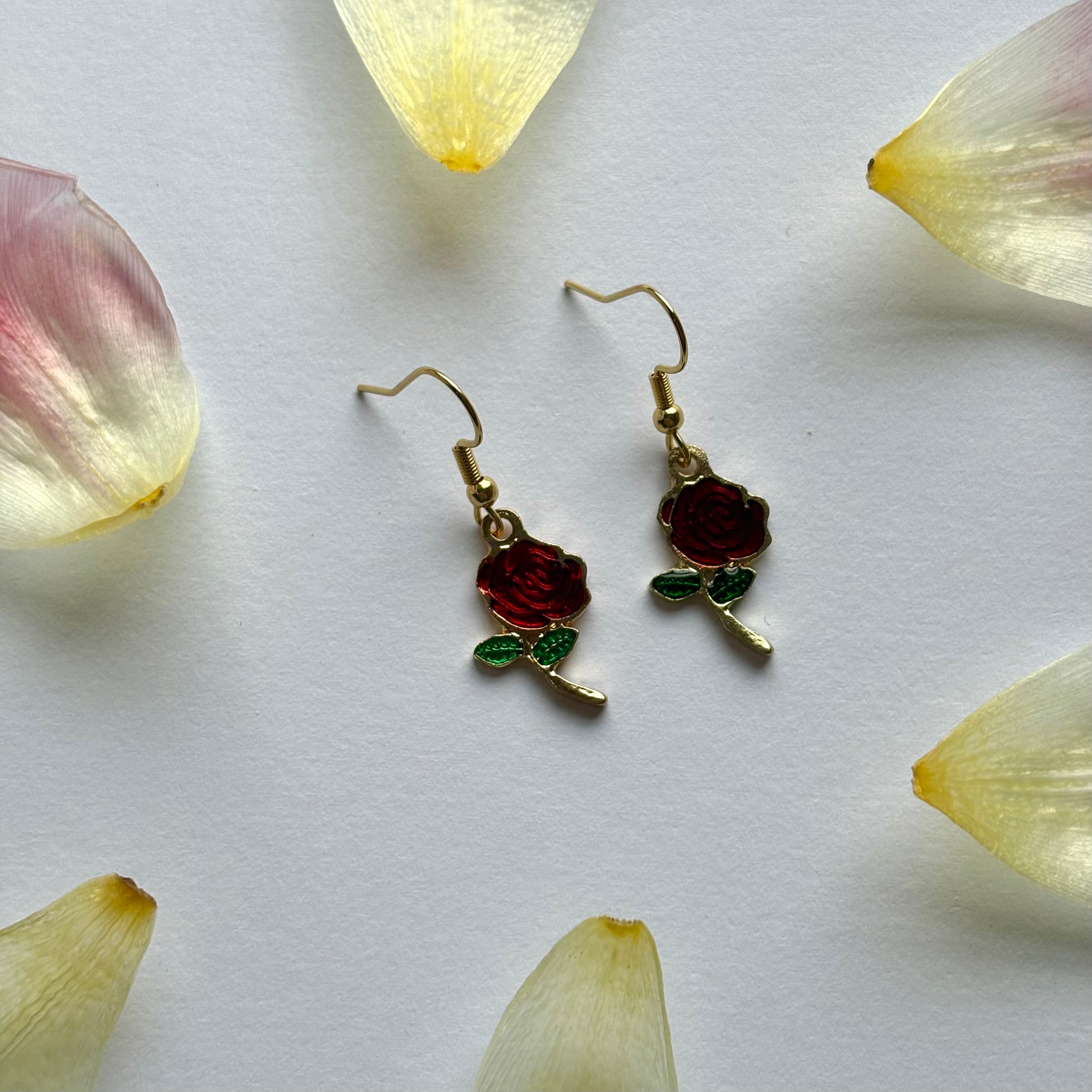Red rose gold dangle earrings