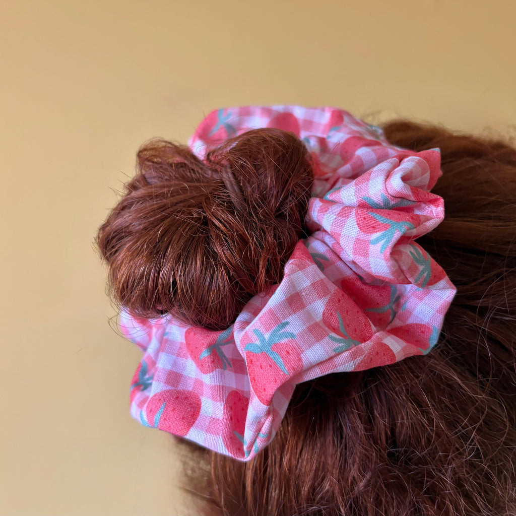 Large handmade cotton pink gingham strawberry scrunchie