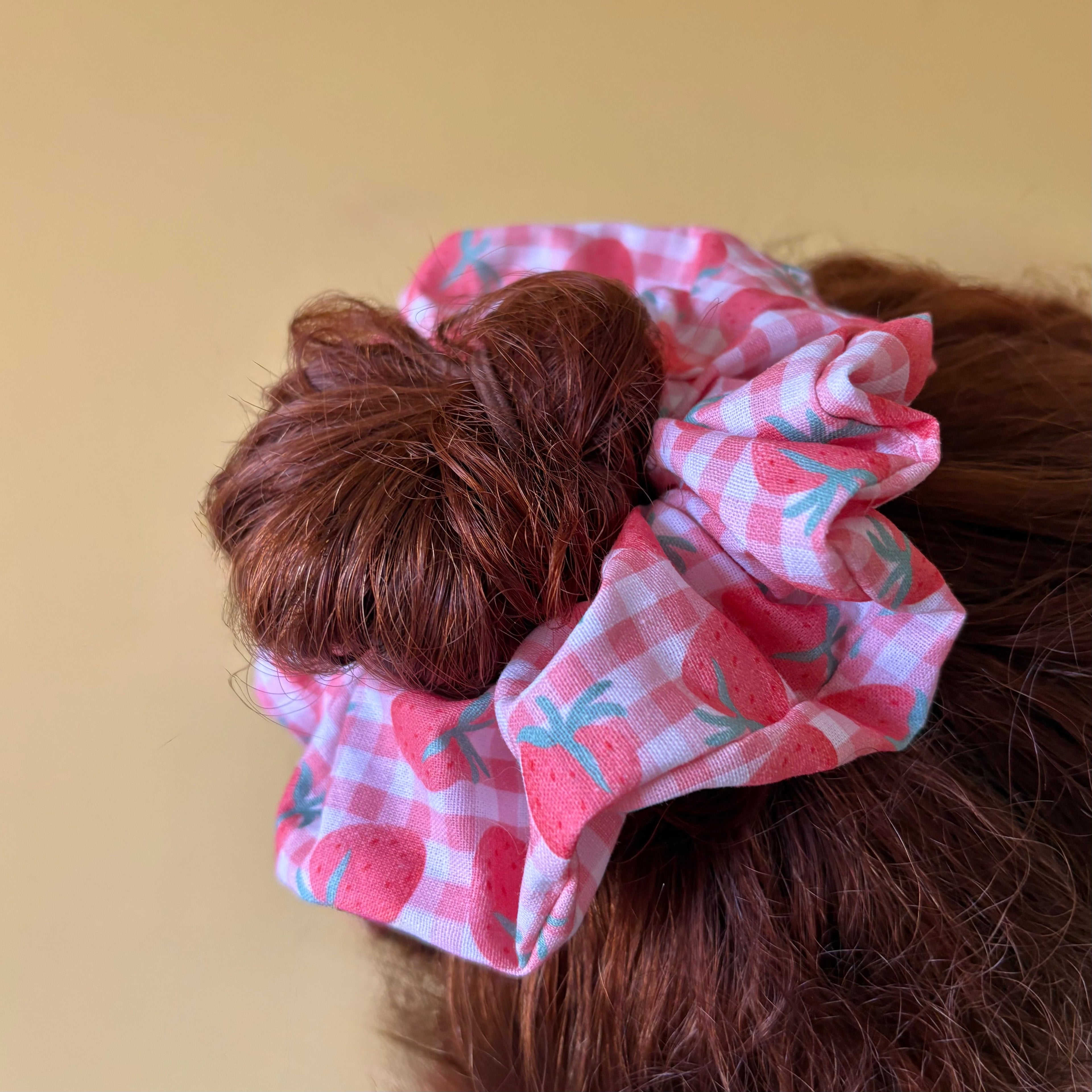 Large handmade cotton pink gingham strawberry scrunchie