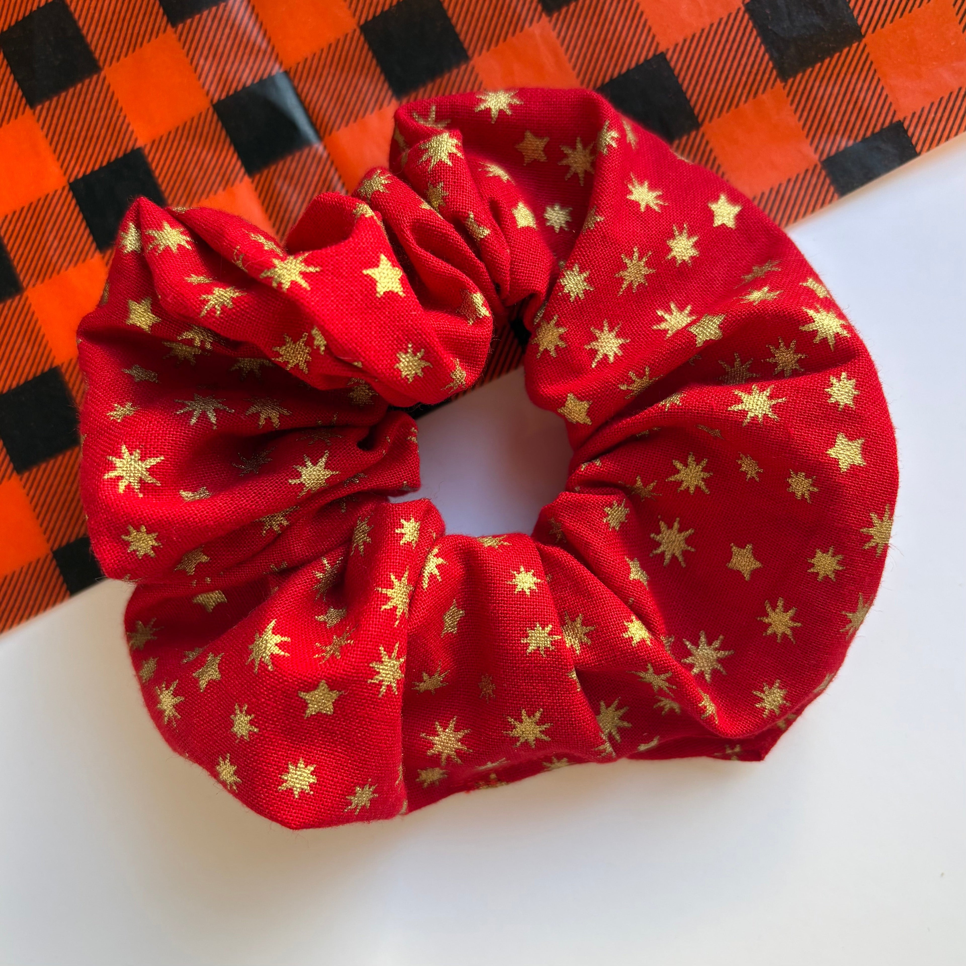 Green or red with gold glitter star Christmas large cotton scrunchie