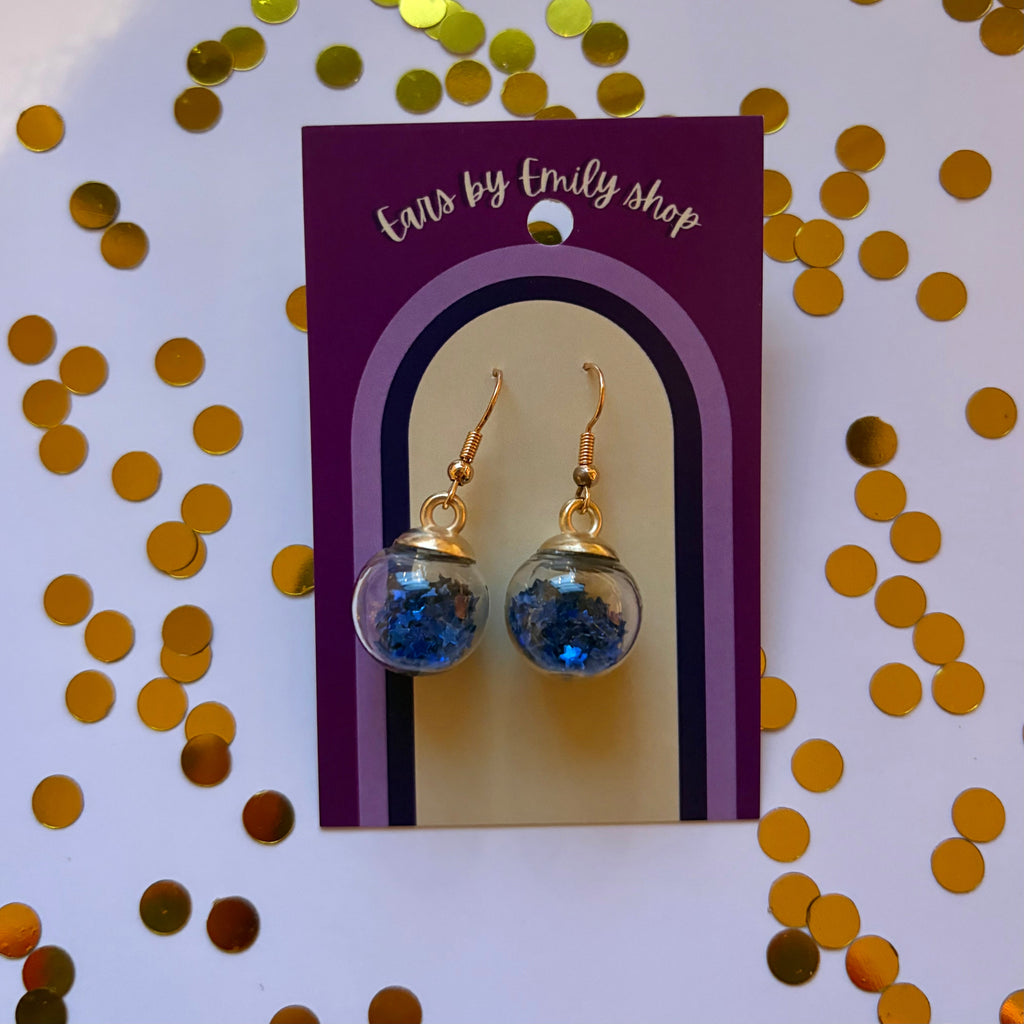 Blue star sparkle bauble Christmas dangle earrings gold plated