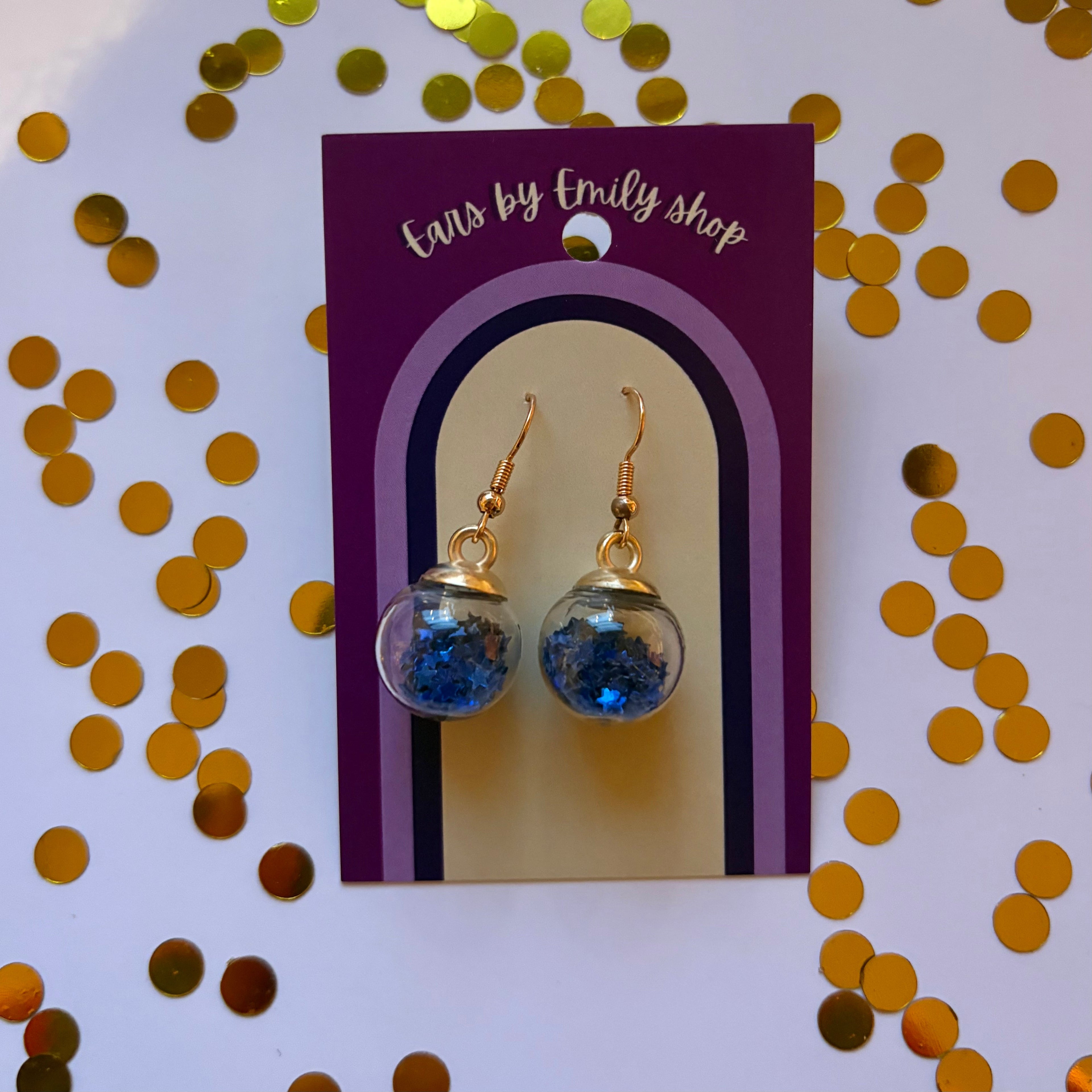 Blue star sparkle bauble Christmas dangle earrings gold plated