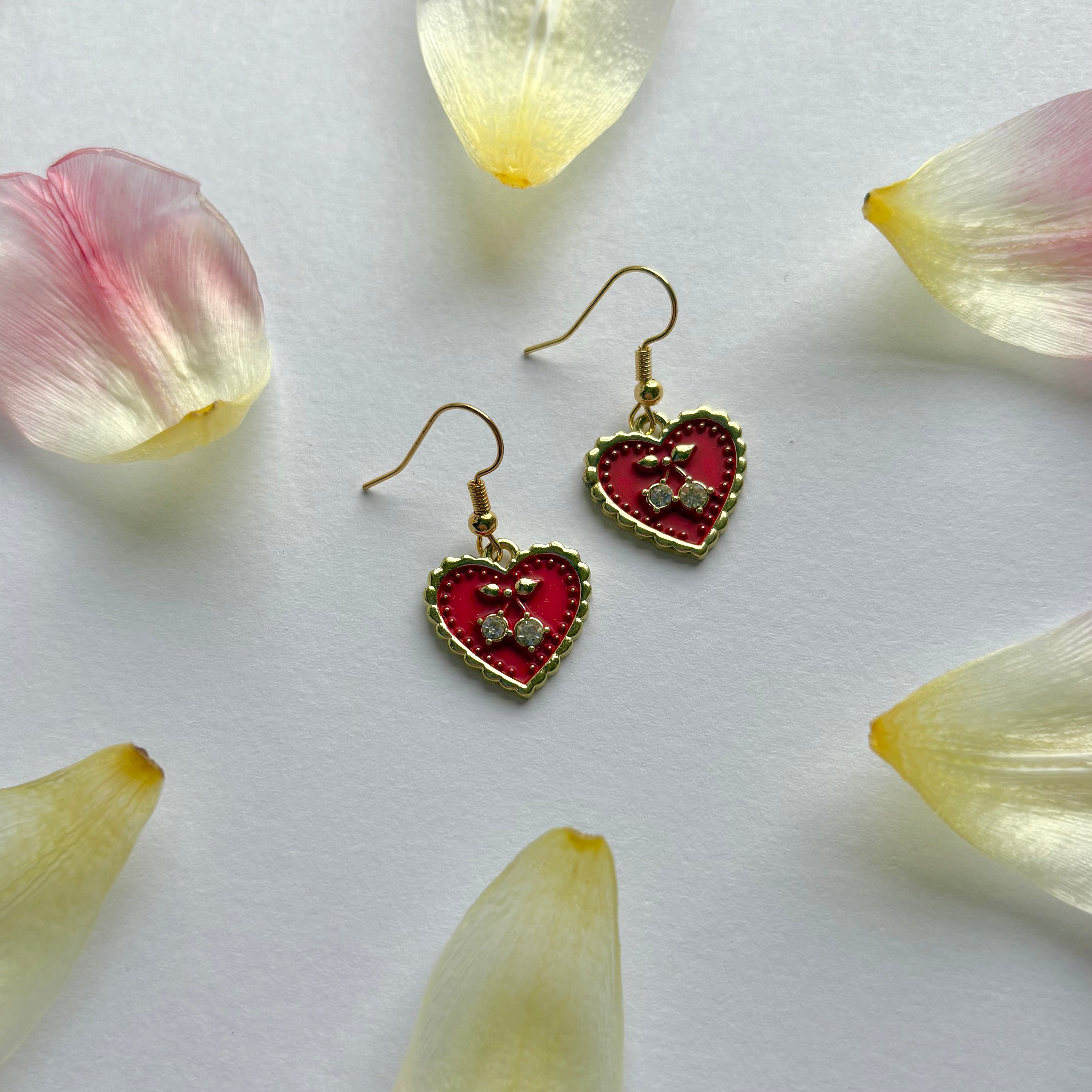 Cherry gold heart earrings in brown, red or white