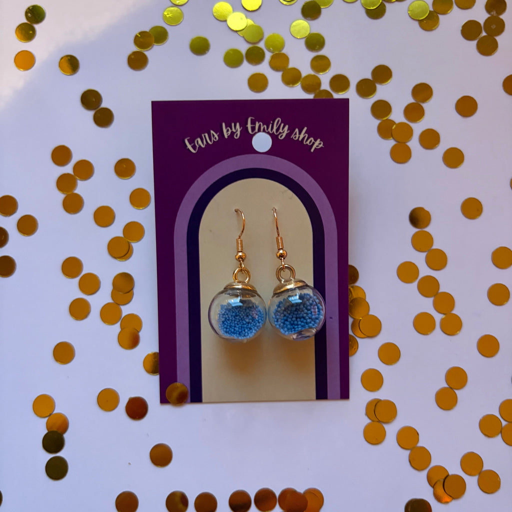 Blue ball bead sparkle bauble Christmas dangle earrings gold plated