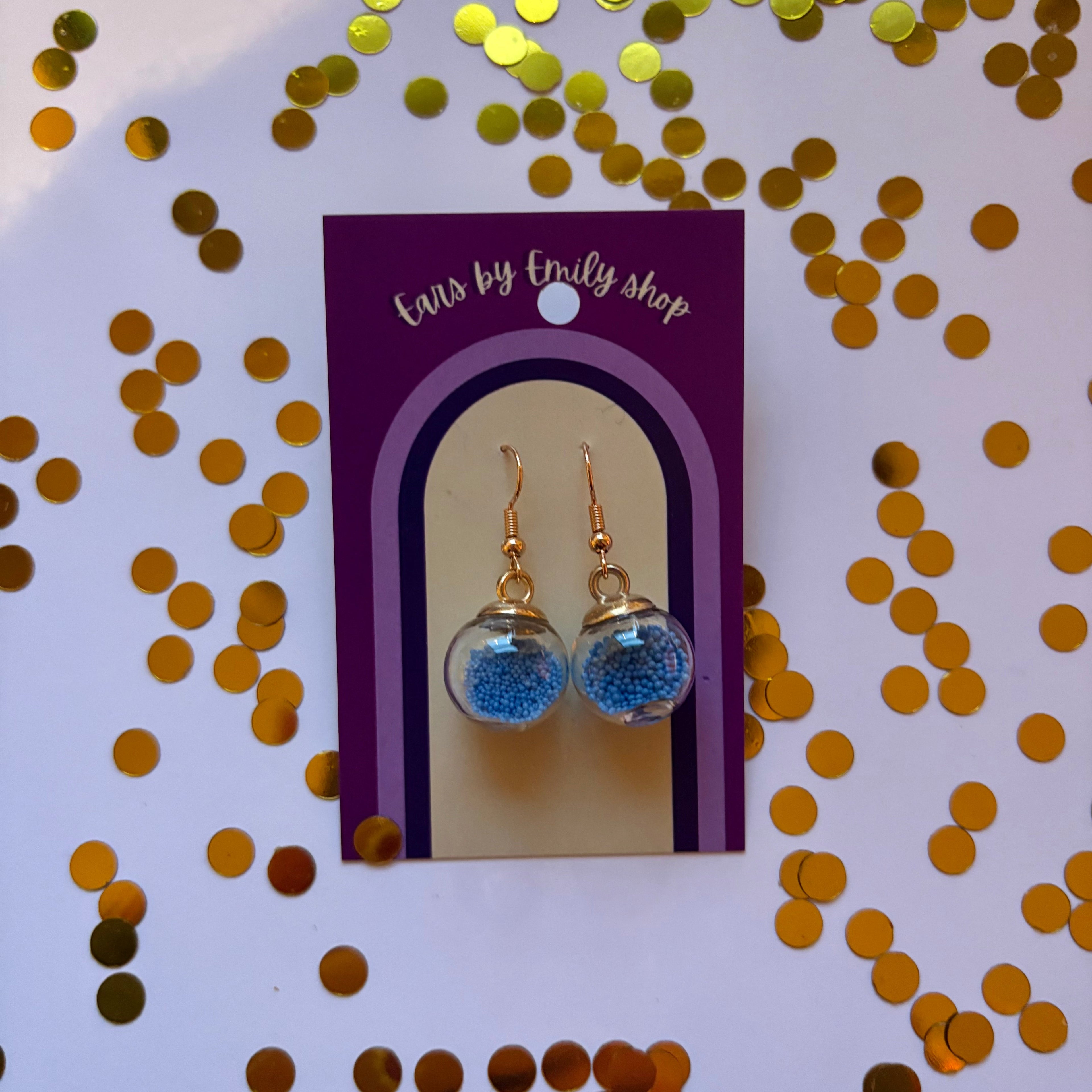 Blue ball bead sparkle bauble Christmas dangle earrings gold plated