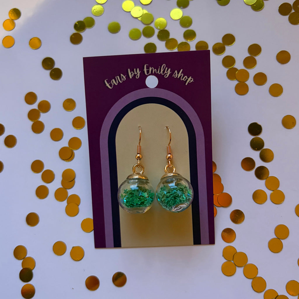 Green star sparkle bauble Christmas dangle earrings gold plated
