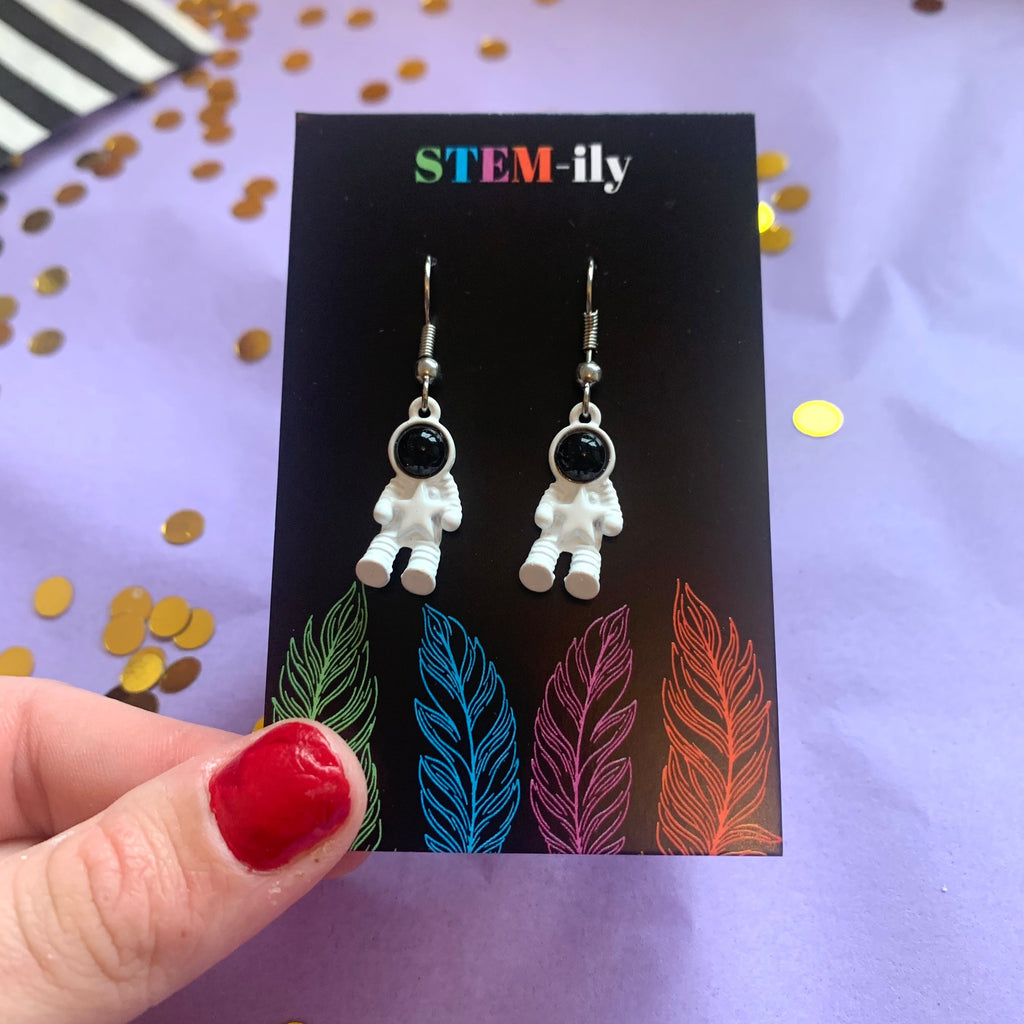 White spaceman astronaut silver drop dangle earrings