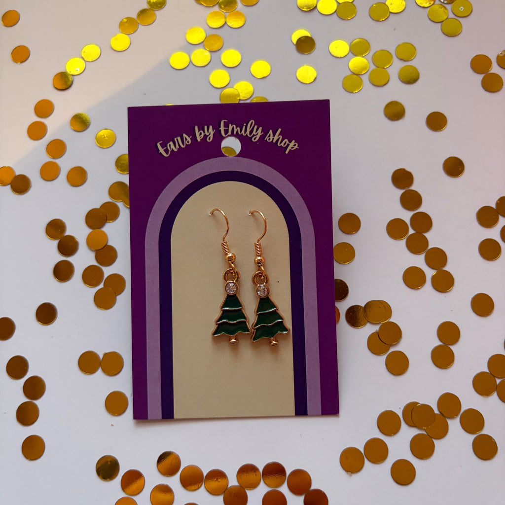 Green Christmas Tree gold earrings