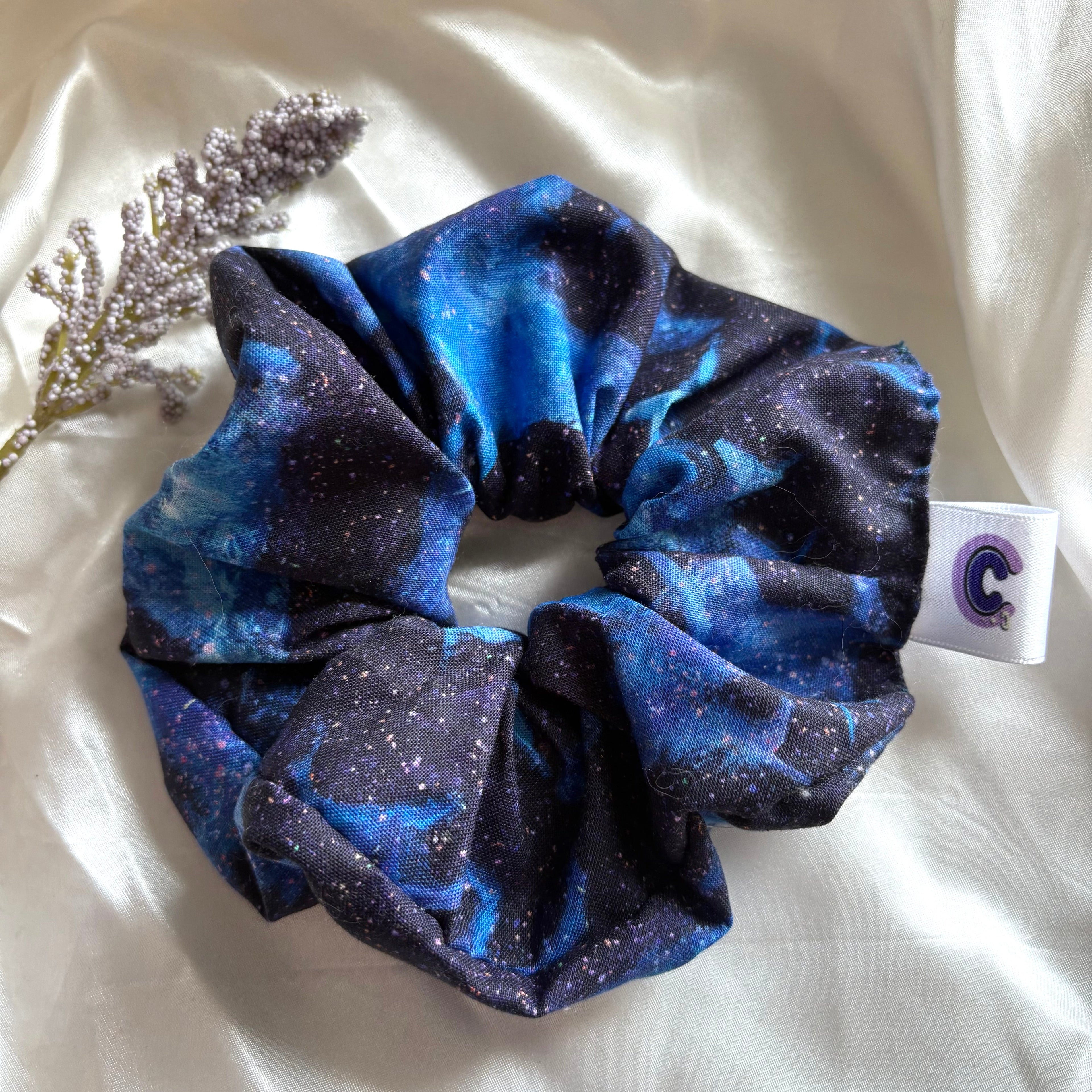 Big handmade navy blue unicorn galaxy scrunchie