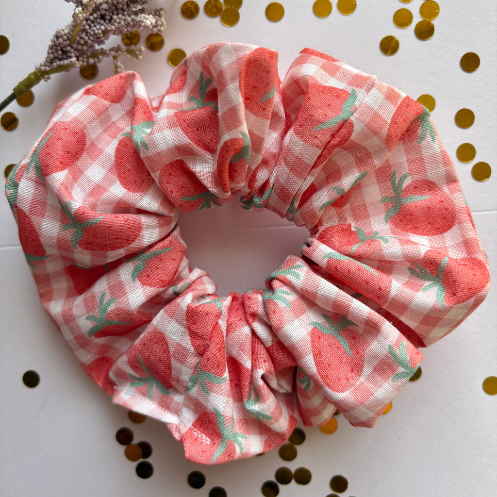 Large handmade cotton pink gingham strawberry scrunchie