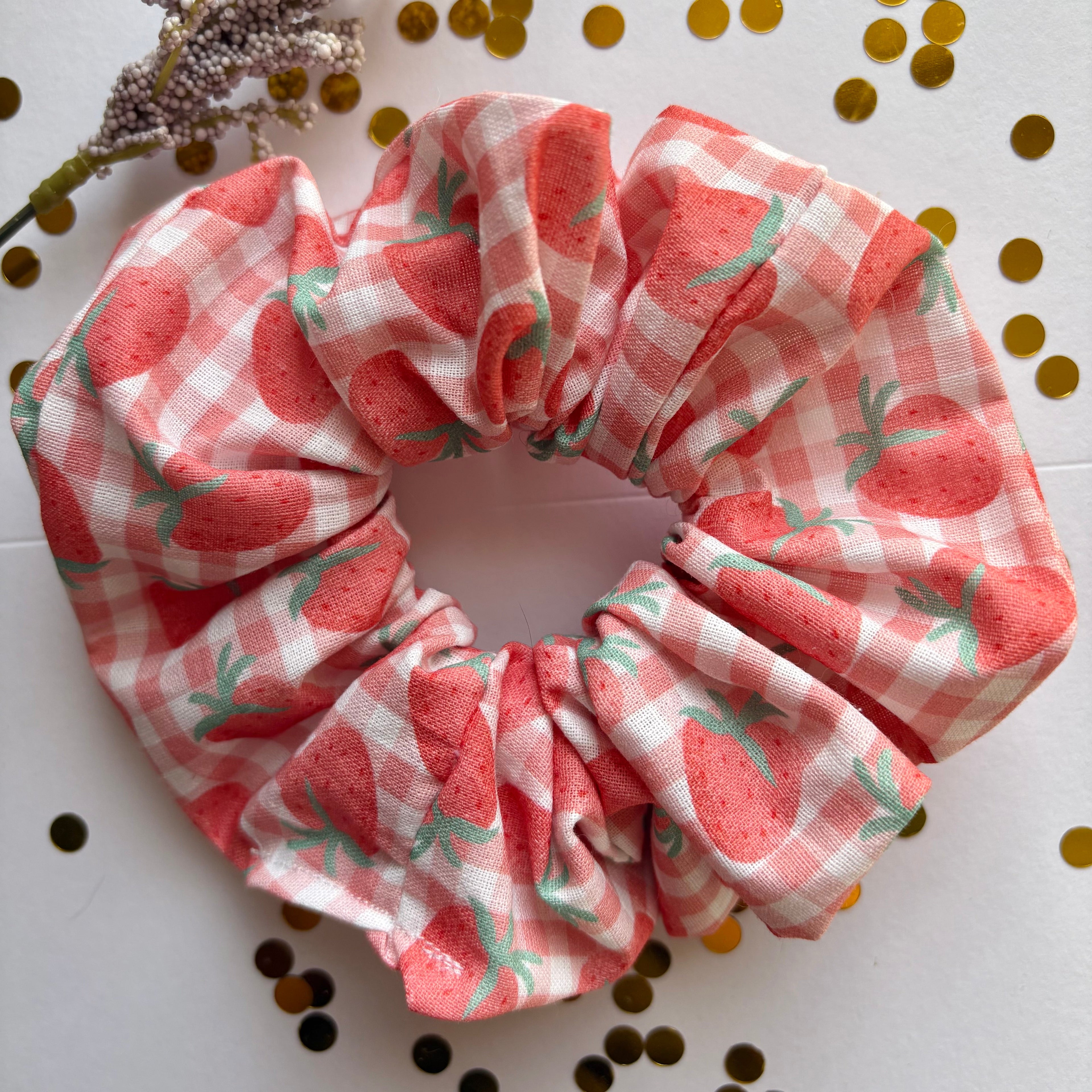 Large handmade cotton pink gingham strawberry scrunchie
