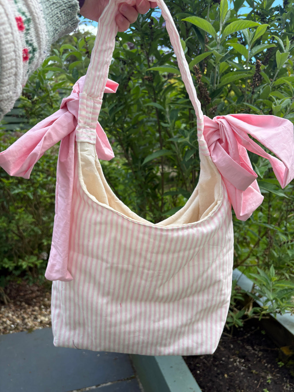 Handmade white and pink stripe coquette padded tote bag with bows