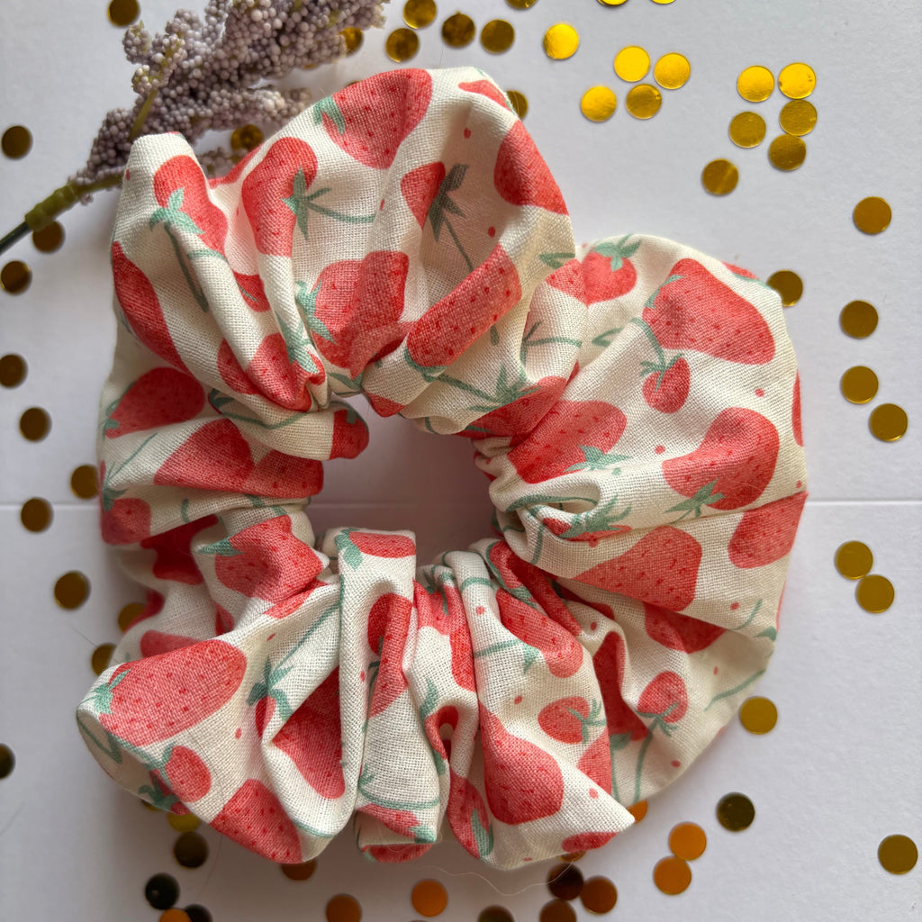 Handmade large white and red strawberry scrunchie