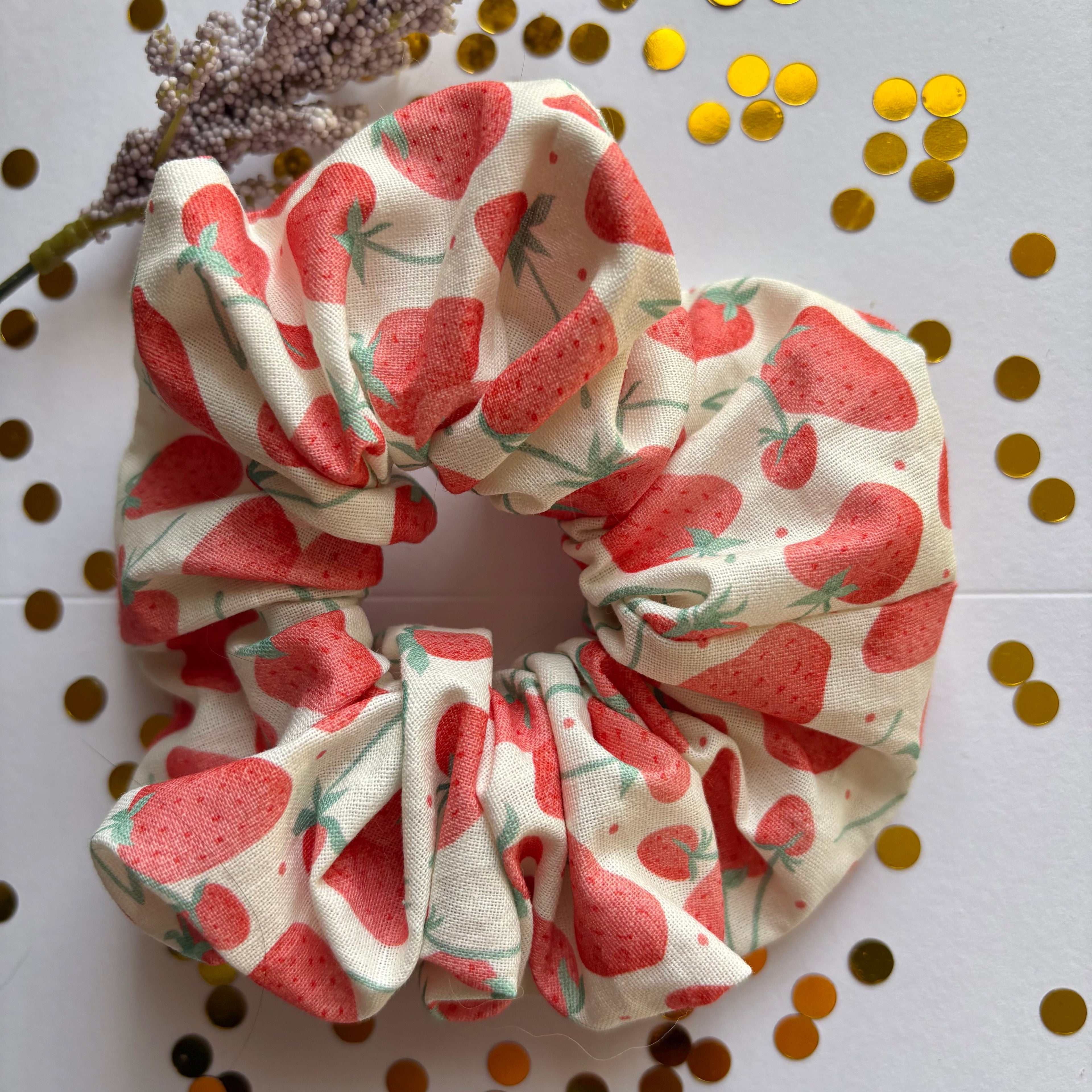 Handmade large white and red strawberry scrunchie