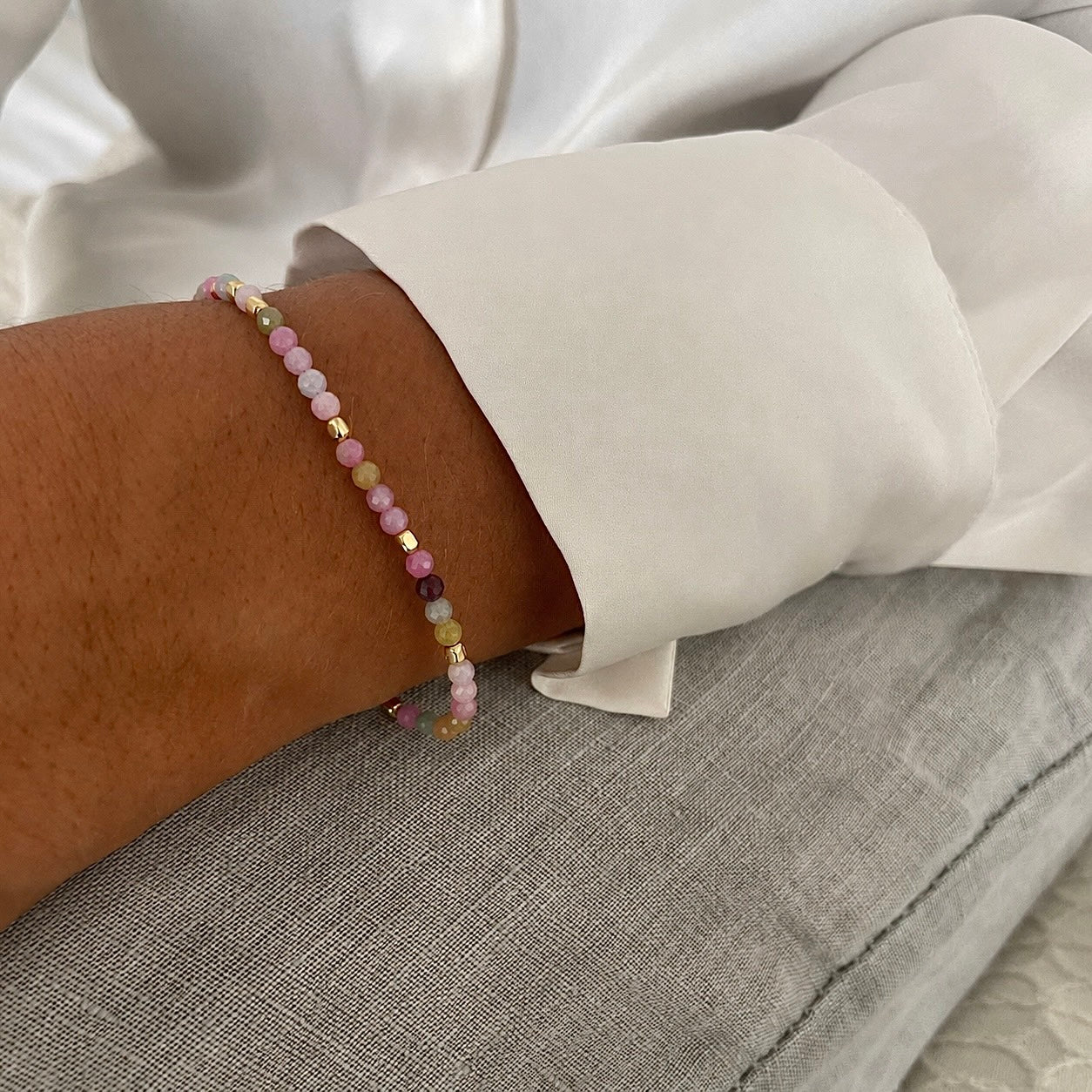 Milos Gemstone and Gold Bead Bracelet Multi-tourmaline