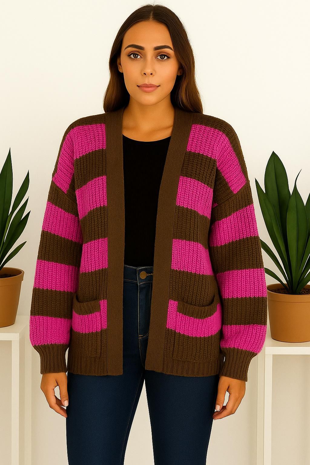 Knitted Stripped Balloon Sleeve Cropped Cardigan