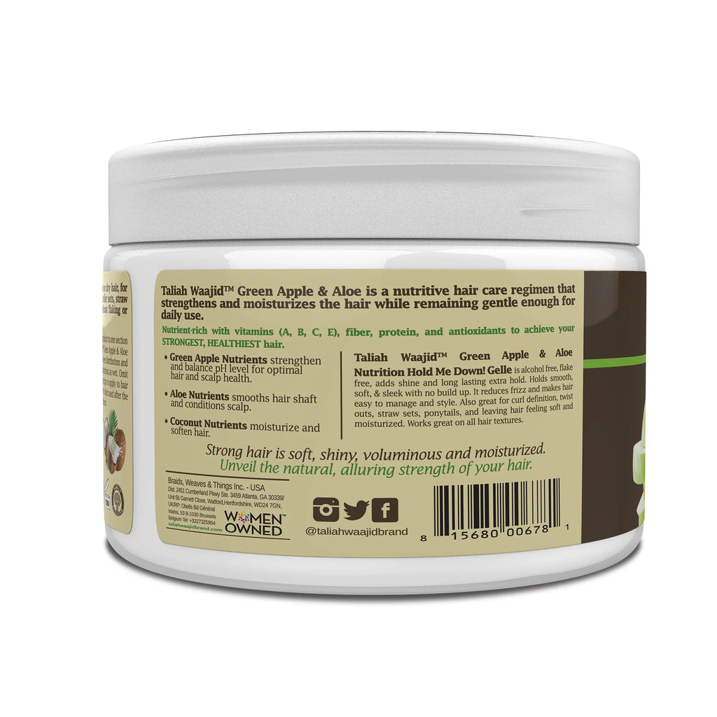 Taliah Waajid Green Apple & Aloe Nutrition Hold Me Down Gelle Strong Hold & Nourishment for All Hair Types 12 oz