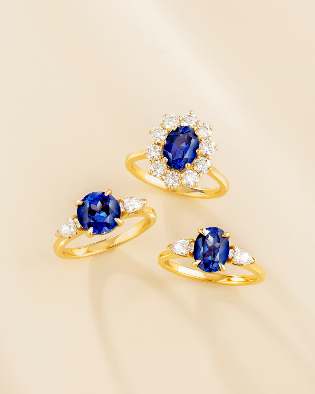 Blue Sapphire Oval Three Stone Engagement Ring in 18k Gold Vermeil