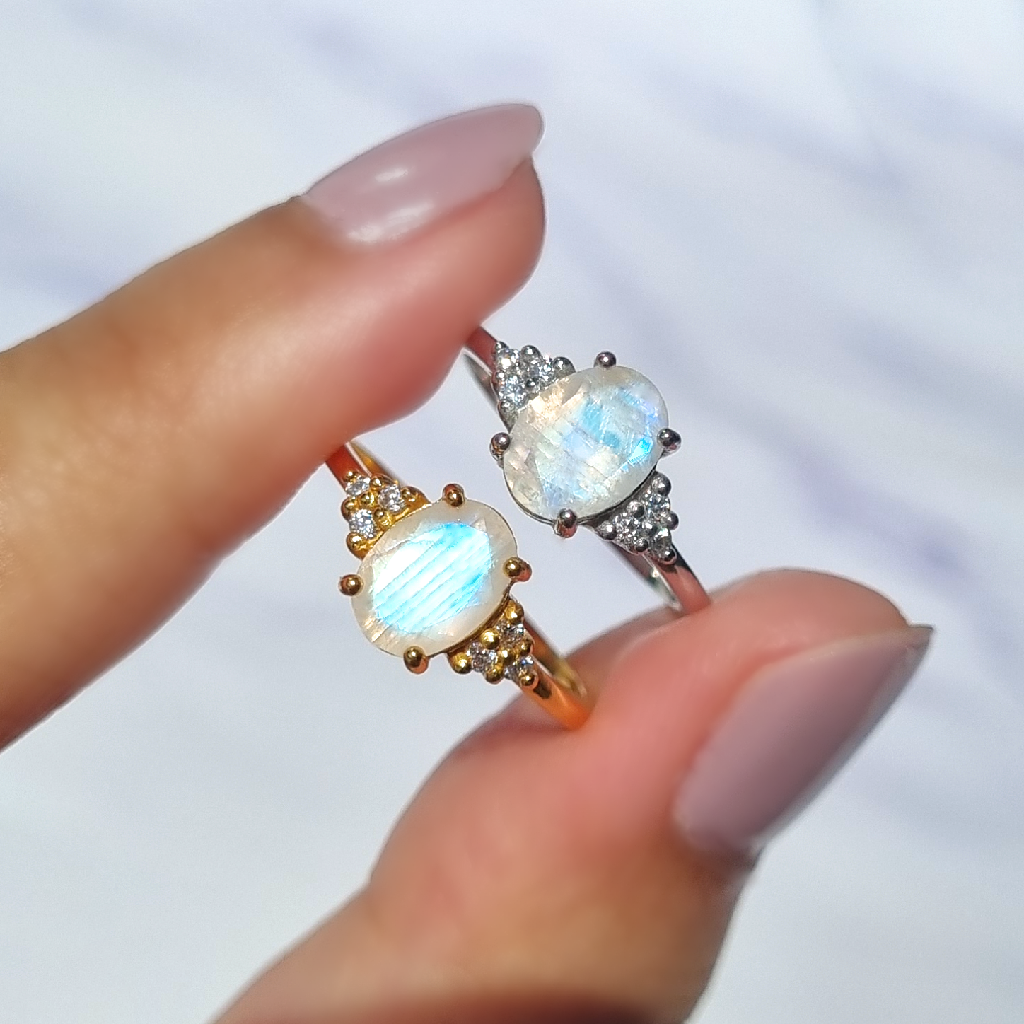 Rainbow Moonstone Ring in Sterling Silver (Oval Cut)