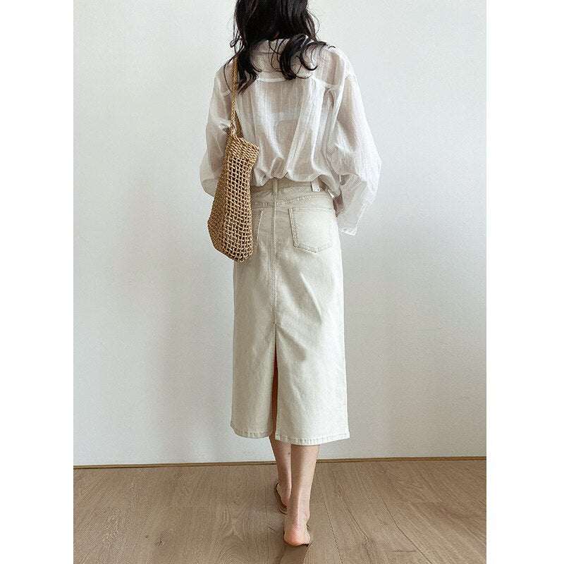 Denim Skirt Versatile Loose Hem Split High Waist