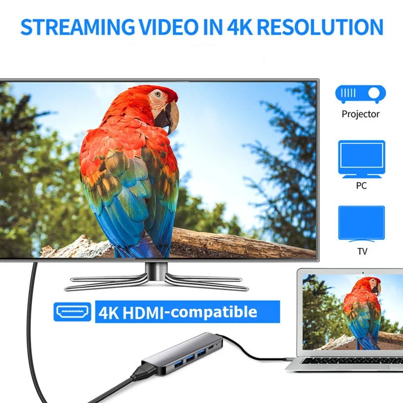 USB C Hub to 4K HDMI-Compatible USB 3.0 2.0 Type C PD Charging Dock for MacBook iPad Samsung S10 Dex TV Mouse Keyboard U Disk