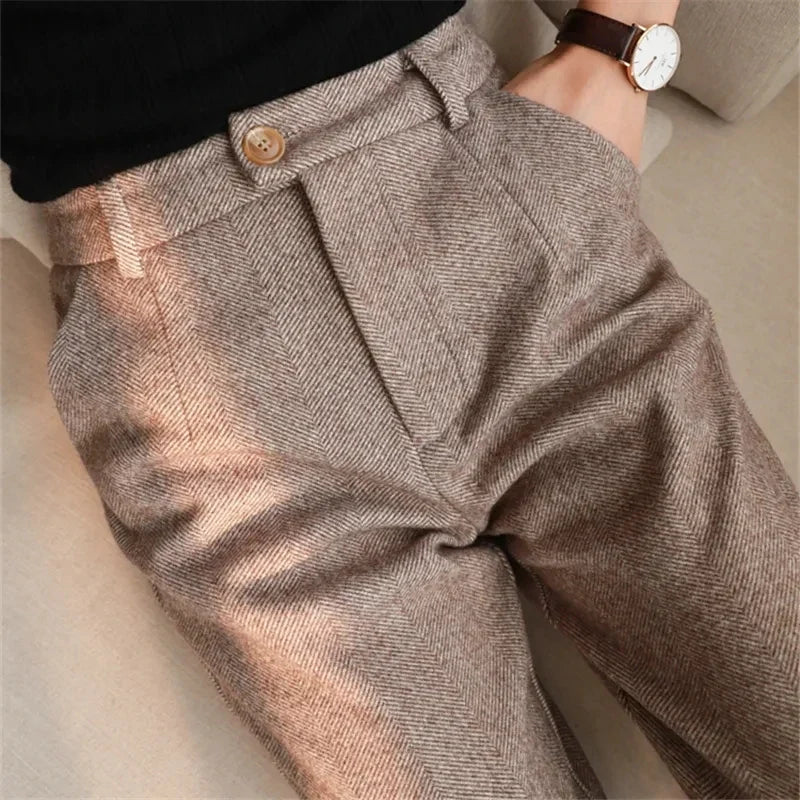Woolen Pants Women's Harem Pencil Pants 2024 Autumn Winter High Waisted Casual Suit Pants