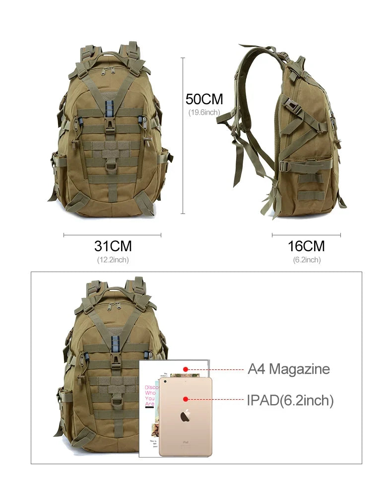 40L Camping Backpack Men's Bag Travel Bags Tactical Molle Climbing Rucksack Hiking Outdoor Reflective Shoulder Fishing Bag