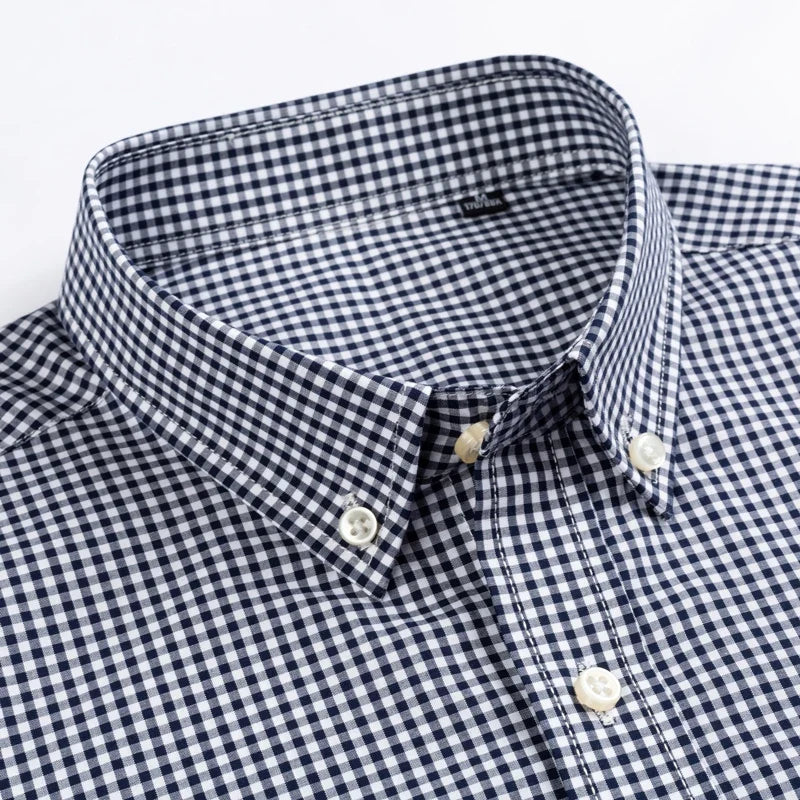 Men's 100% Cotton Standard-Fit Long-Sleeve Casual Checked Shirt Single Patch Pocket Button-down Collar