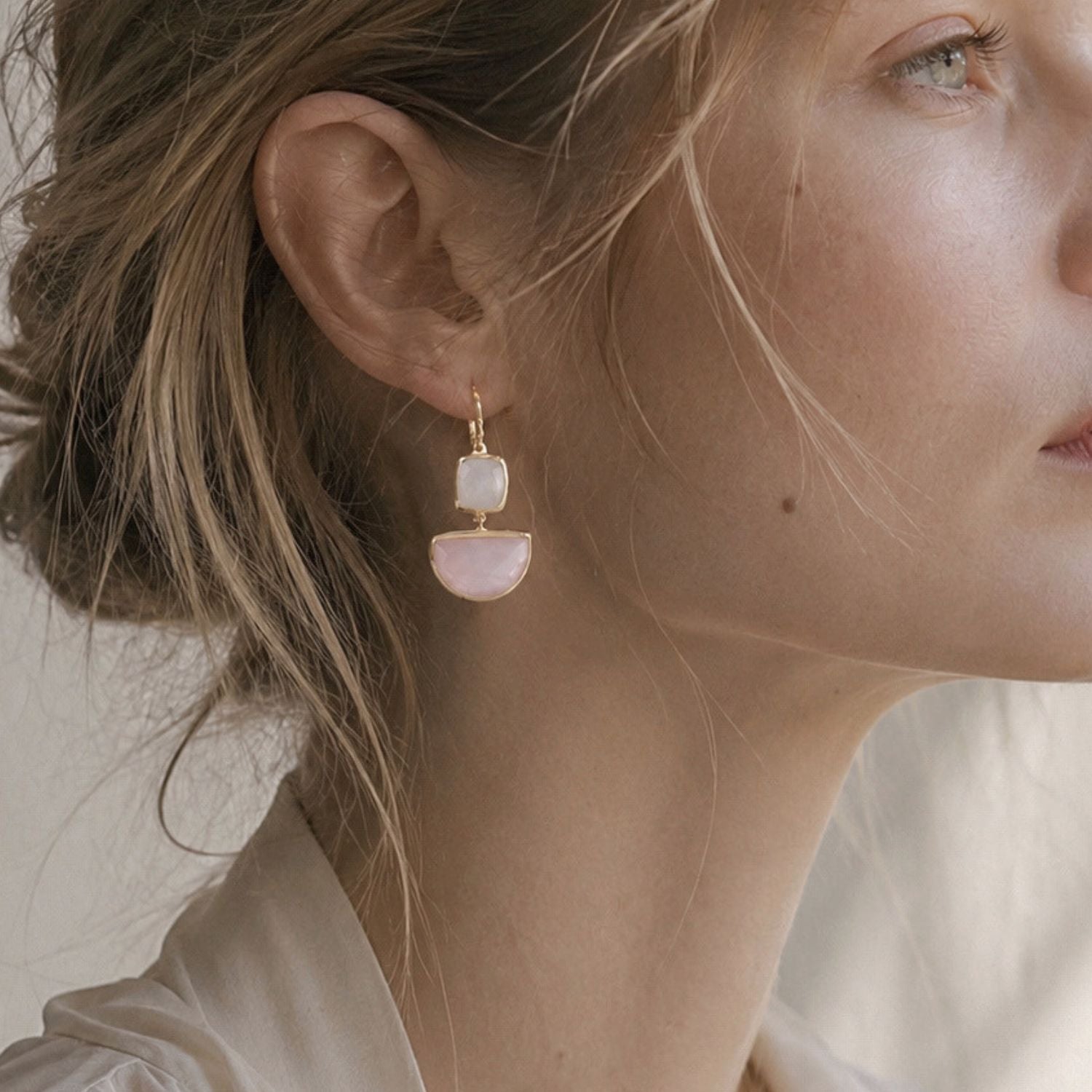 Charis Halfmoon Double Gemstone Earrings Moonstone & Rose Quartz