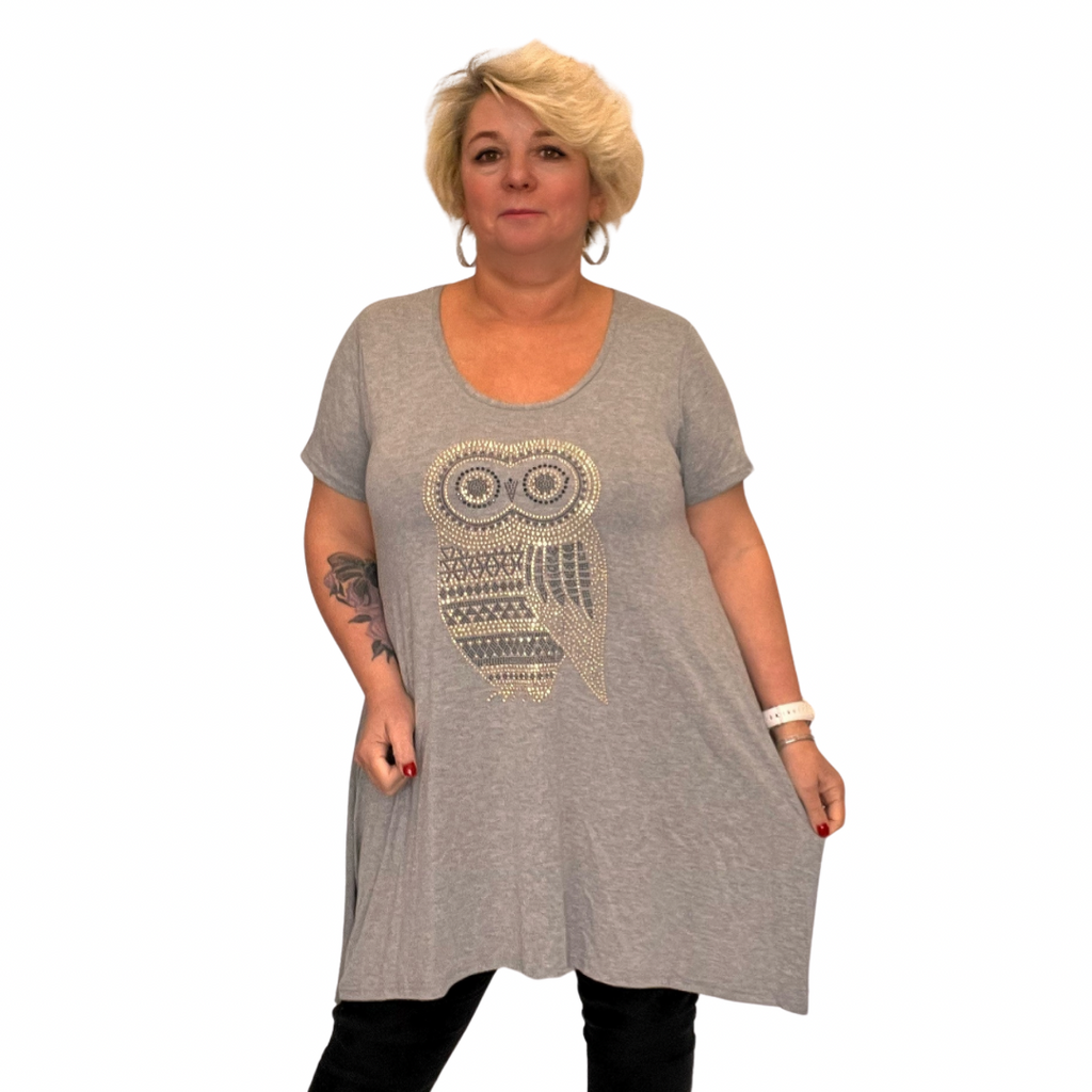 ROCKTHOSECURVES SHORT SLEEVE HANKY HEM STUDDED OWL LONG LENGTH TOP