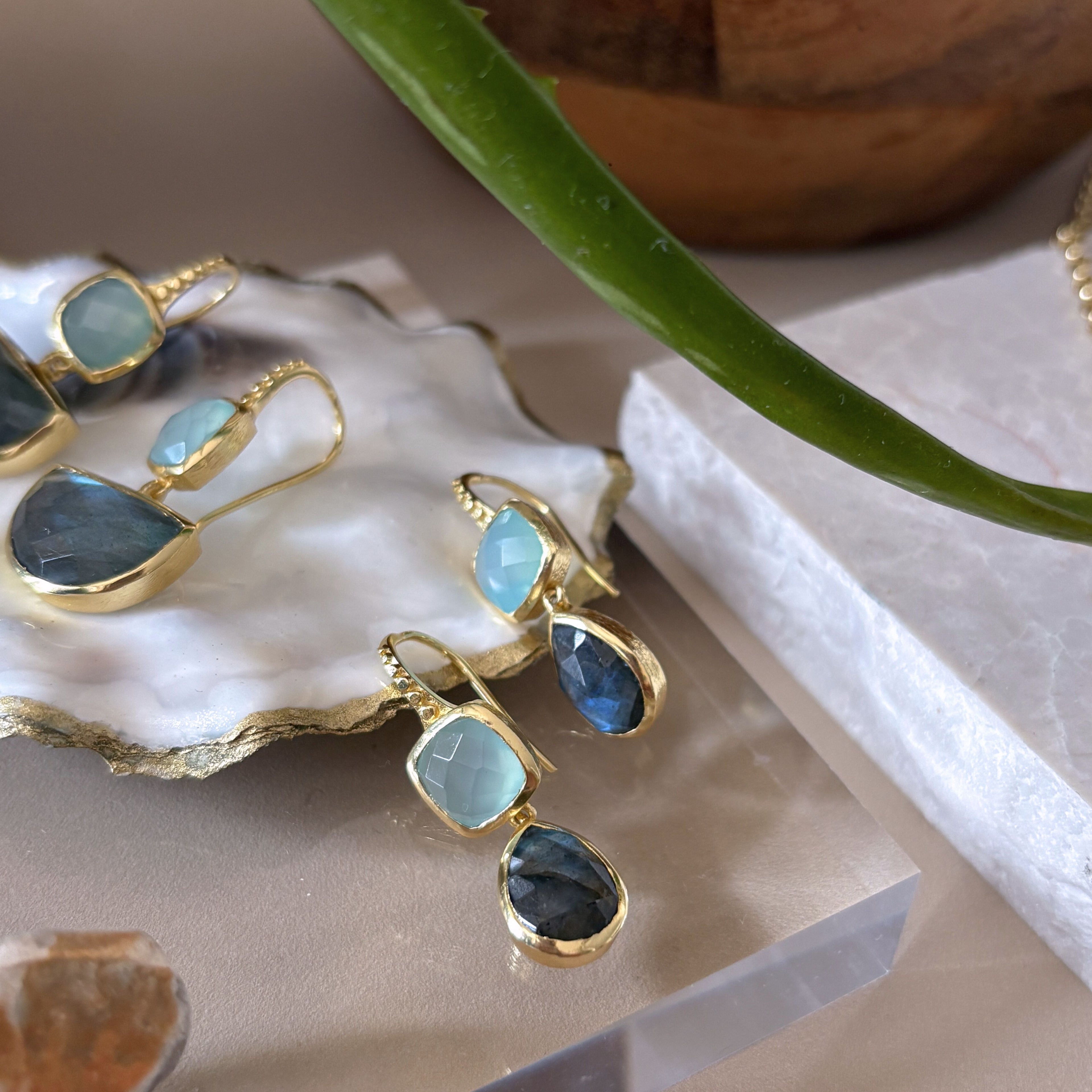 Charis Double Gemstone Earrings Pariba Onyx & Labradorite