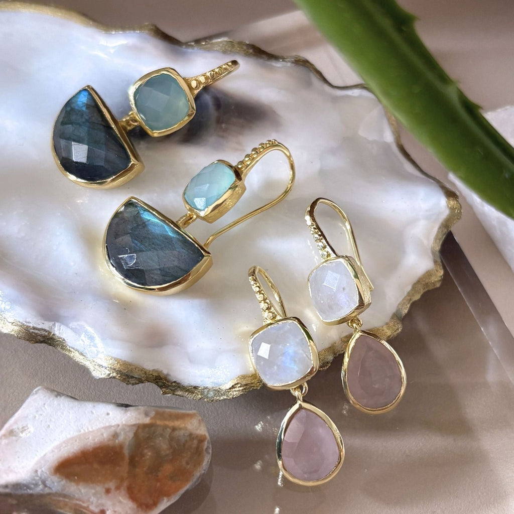 Charis Halfmoon Double Gemstone Earrings Pariba Onyx & Labradorite
