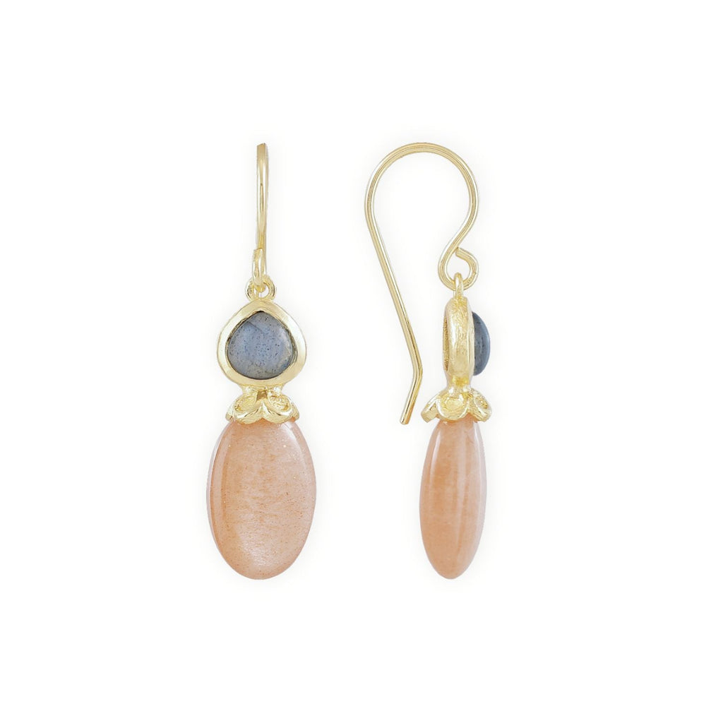 Persephone Double Gemstone Earrings Peach Moonstone & Labradorite