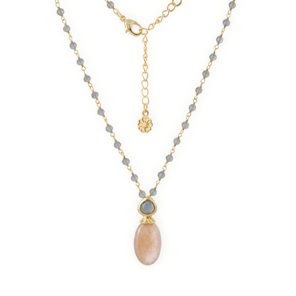 Persephone Double Gemstone Beaded Chain Necklace Peach Moonstone & Labradorite