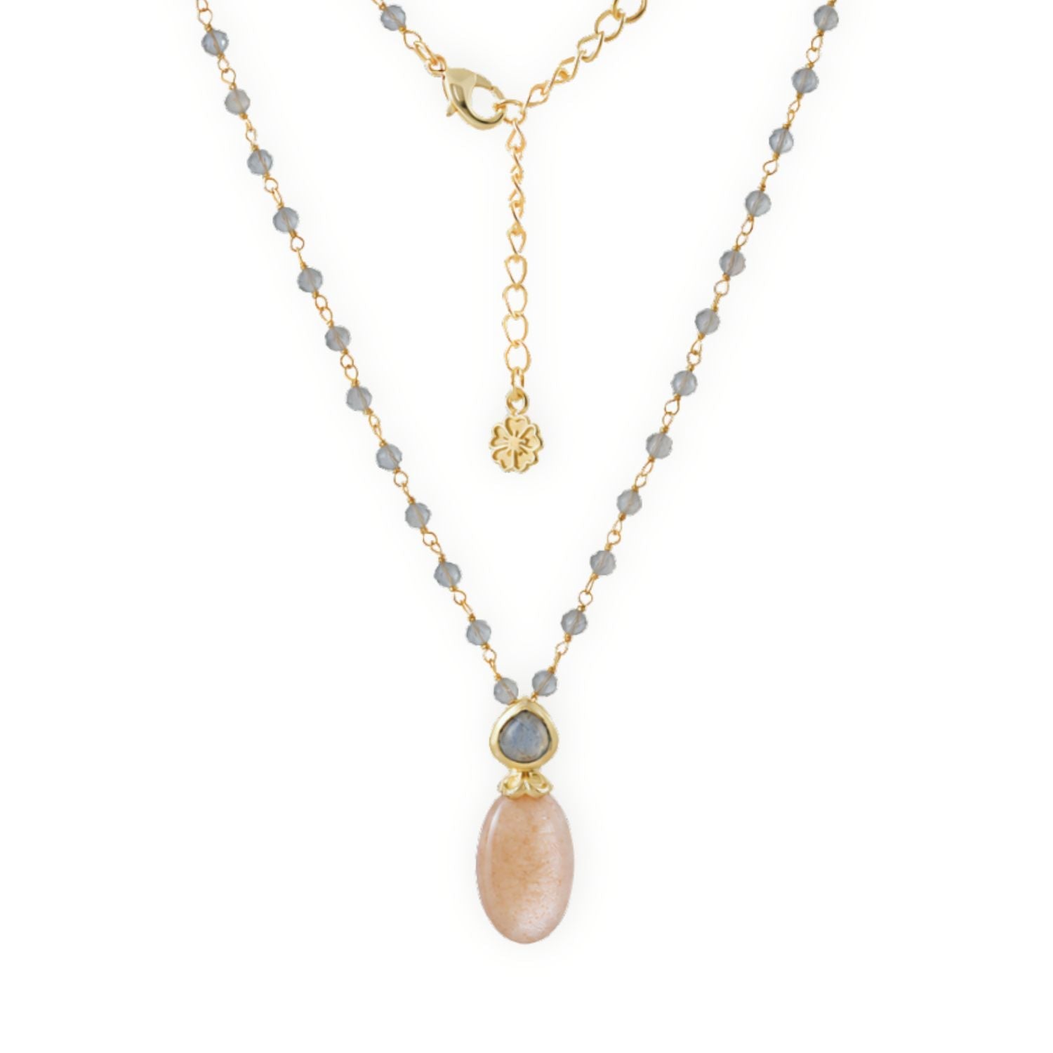 Persephone Double Gemstone Beaded Chain Necklace Peach Moonstone & Labradorite