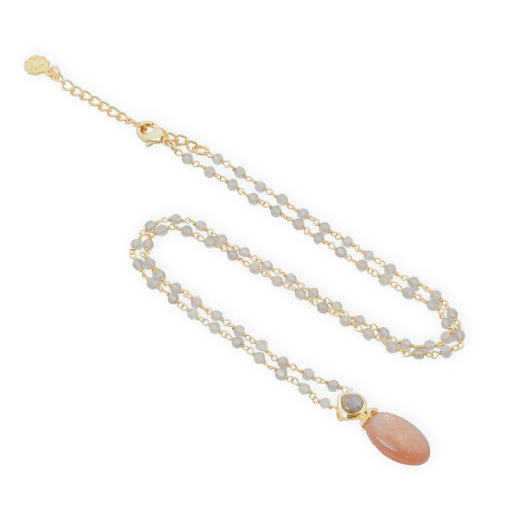 Persephone Double Gemstone Beaded Chain Necklace Peach Moonstone & Labradorite