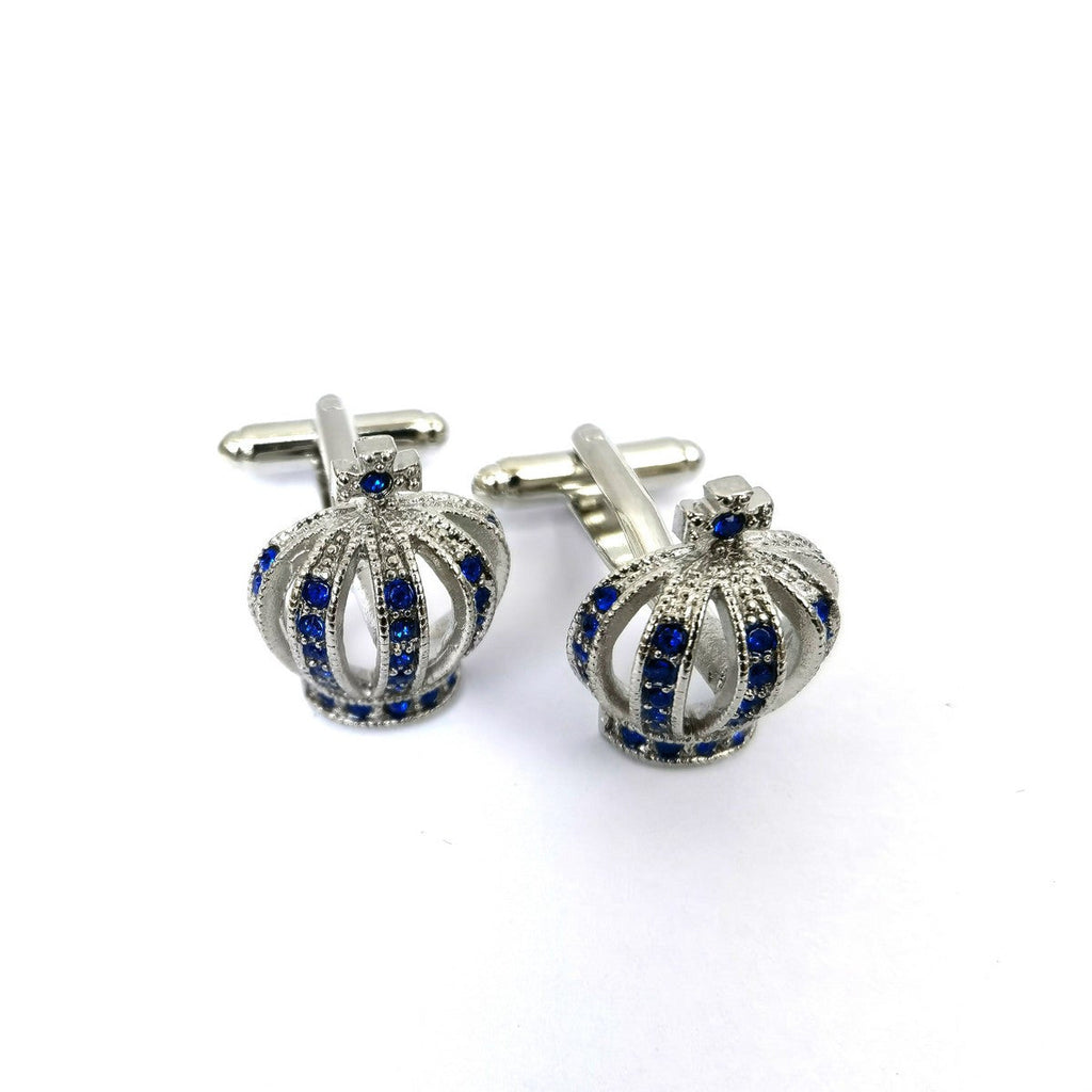 Silver Crown With Blue Gem Stone Cufflinks